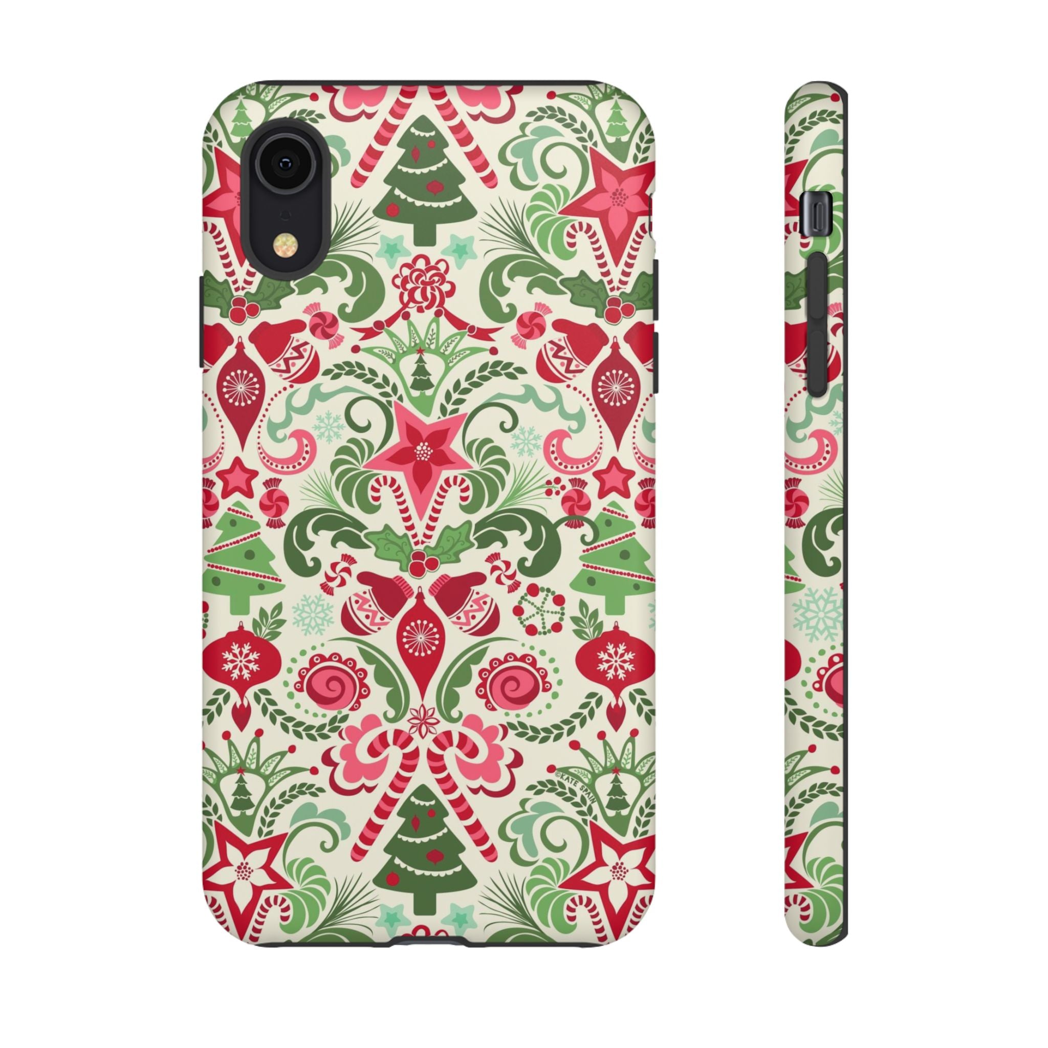 Wonderland Tough iPhone XR Case – Matte | cream, red, green Christmas ornament damask print