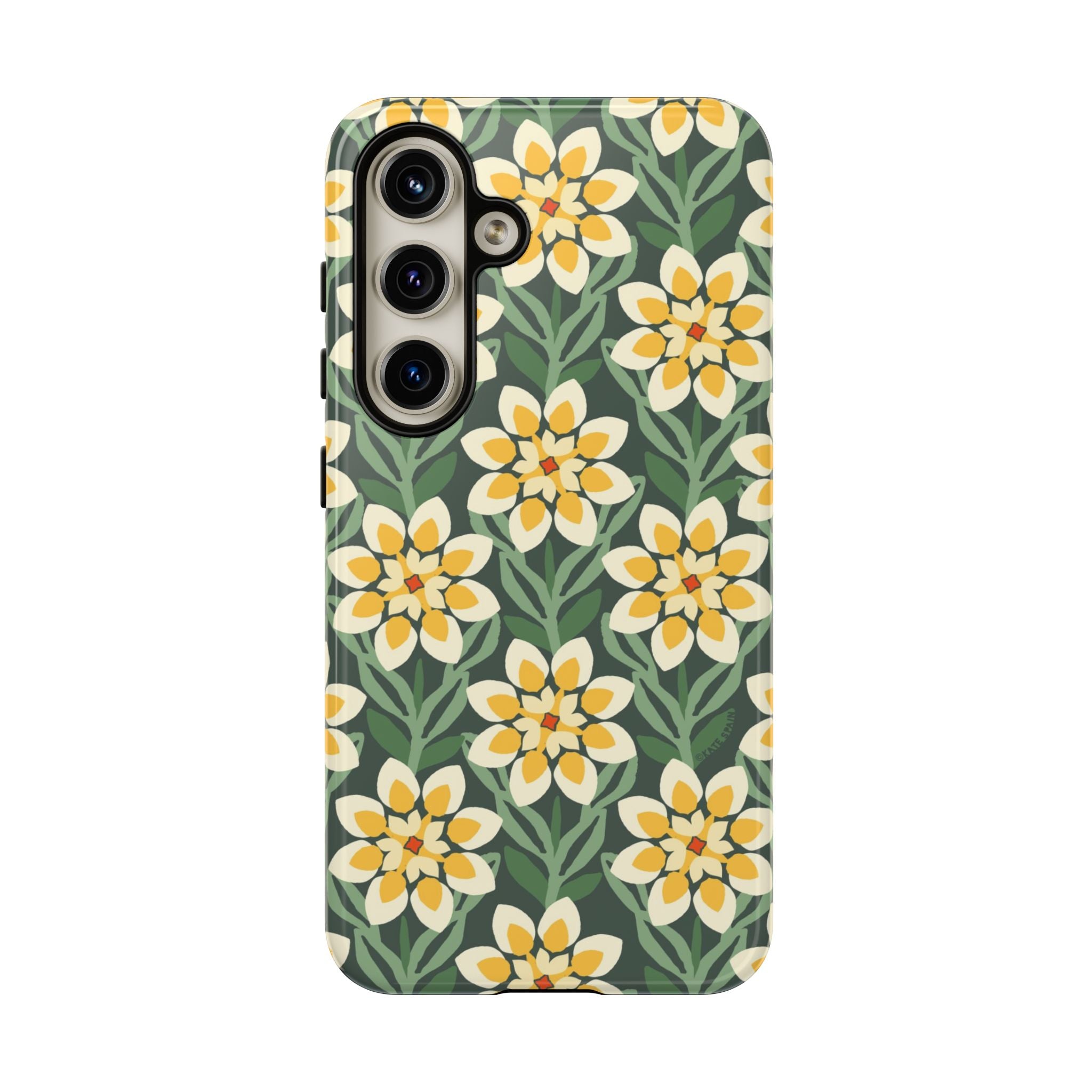 Luxury Modern Dahlia Samsung Galaxy S24 Case – Glossy | forest green, yellow, cream modern dahlia print