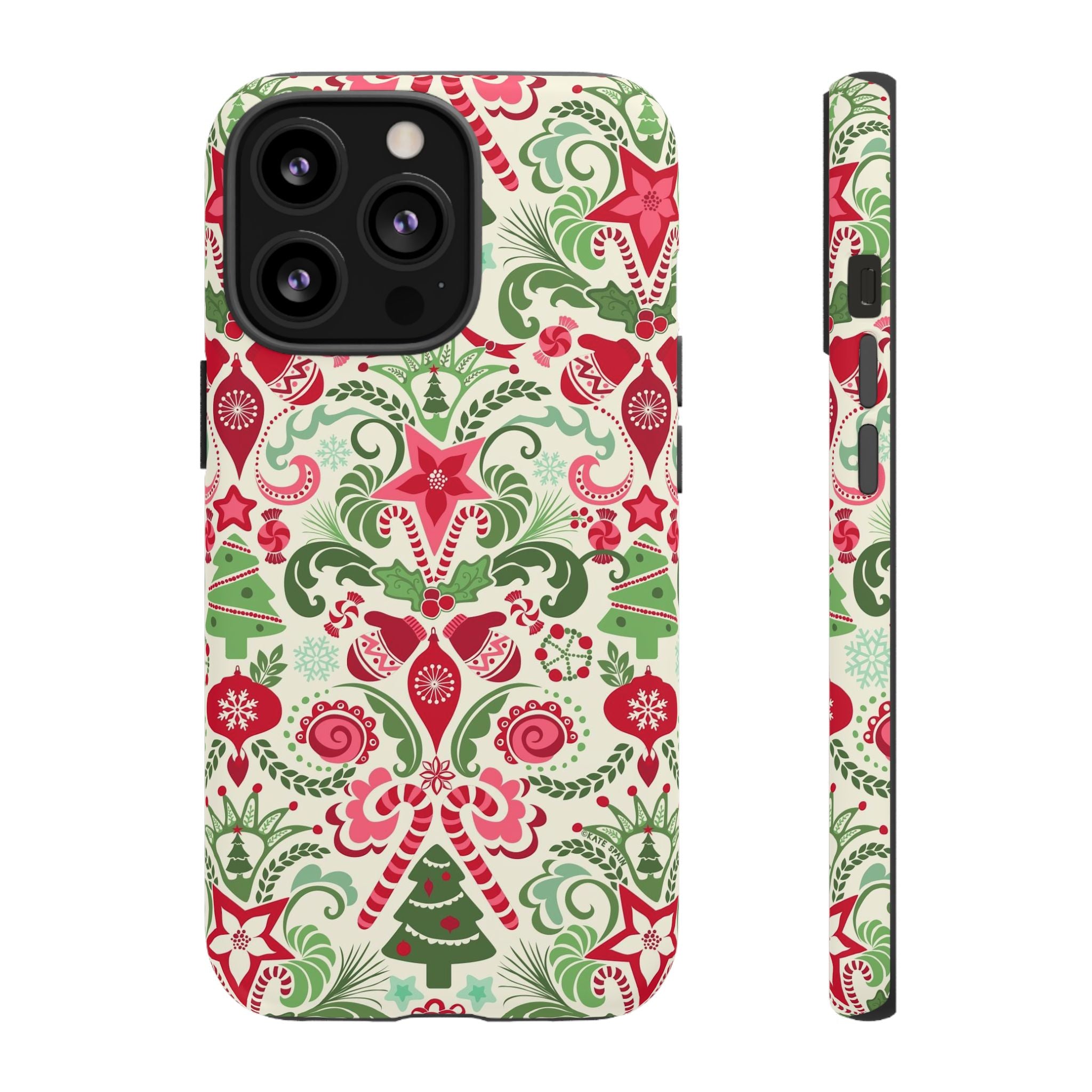 Wonderland Tough iPhone 13 Pro Case – Matte | cream, red, green Christmas ornament damask print