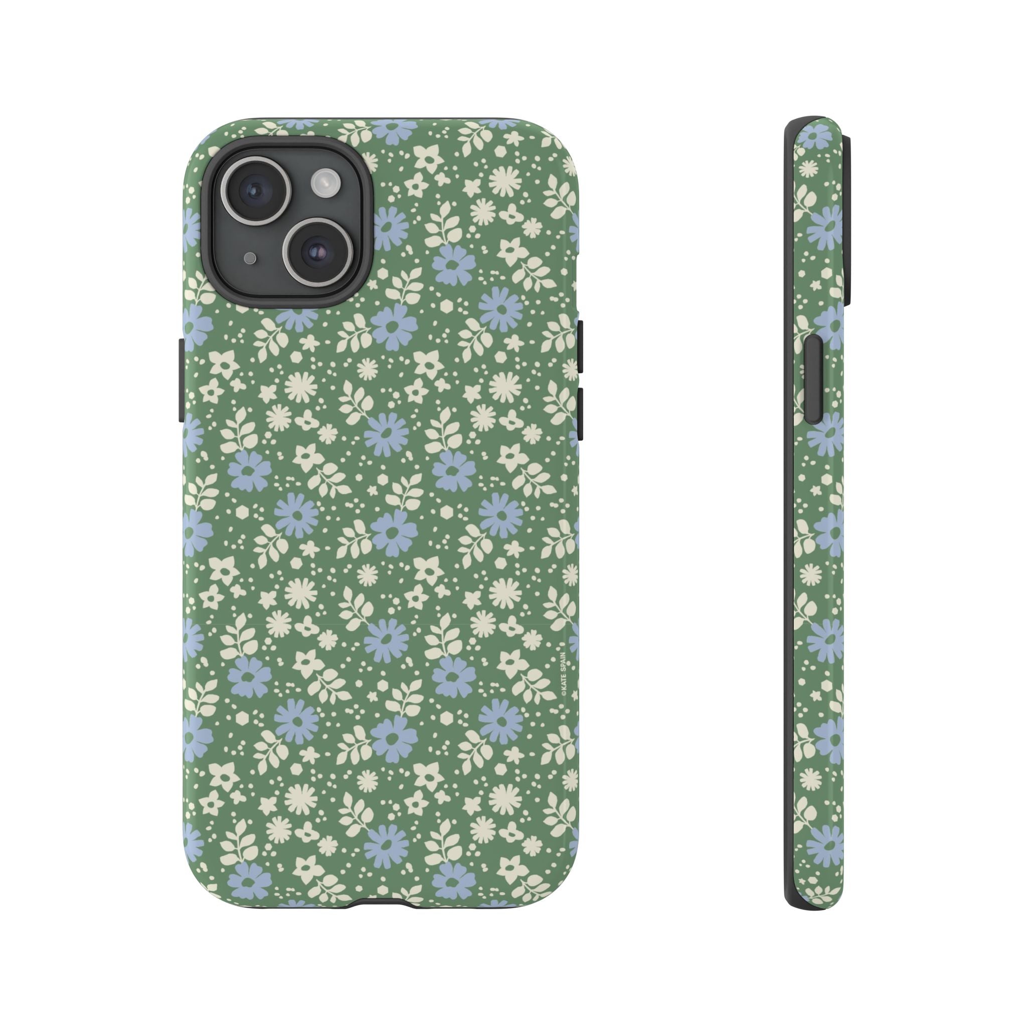 Petaline Tough iPhone 15 Plus Case – Glossy | green, blue, cream ditsy floral print
