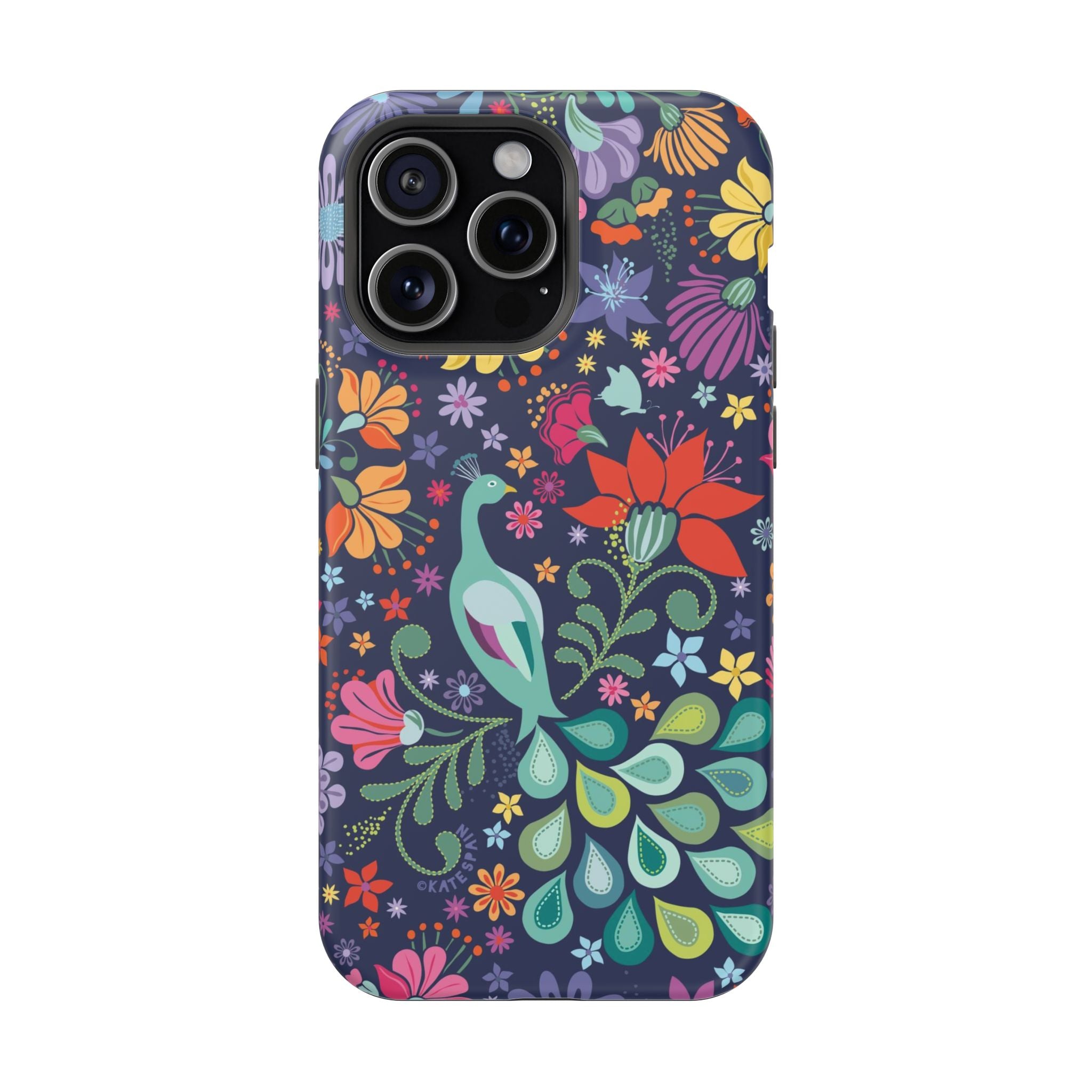 Peacock Sanctuary MagSafe iPhone 15 Pro Max Case – Matte | navy, teal, ivory peacock botanical print MagSafe compatible, dual-layer protection