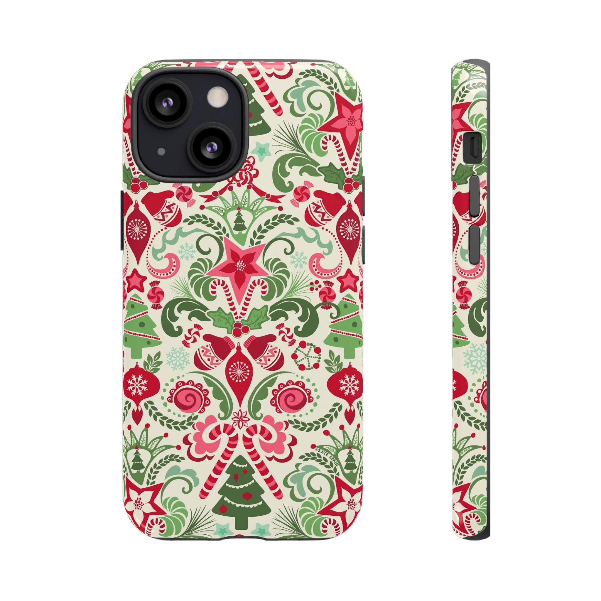 Wonderland Tough iPhone 13 Mini Case – Glossy | cream, red, green Christmas ornament damask print
