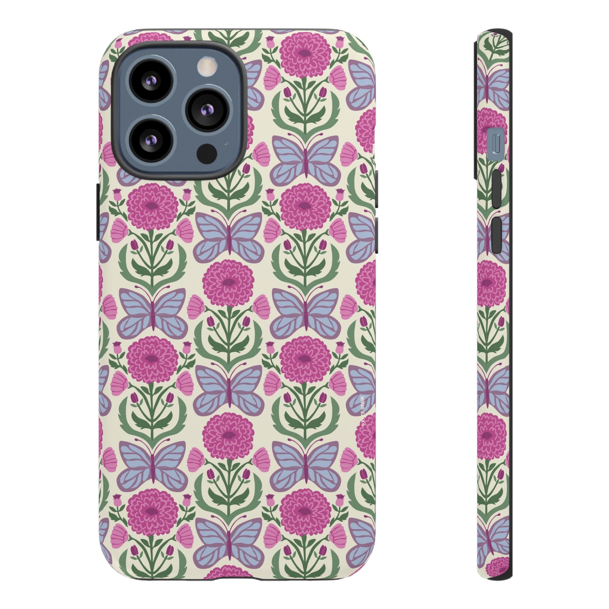 Butterfly Tough iPhone 13 Pro Max Case – Matte | cream, magenta, periwinkle butterfly floral print