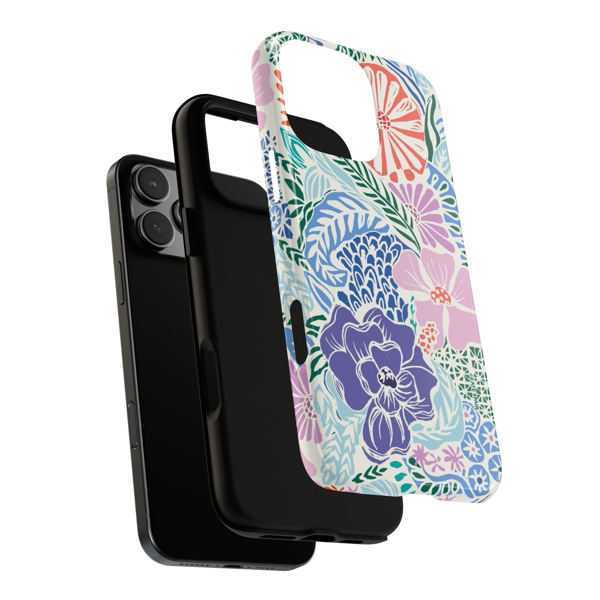 Tropica Tough iPhone 16 Pro Max Case – exploded side view showing dual-layer construction in purple, coral, pink, blue, and cream