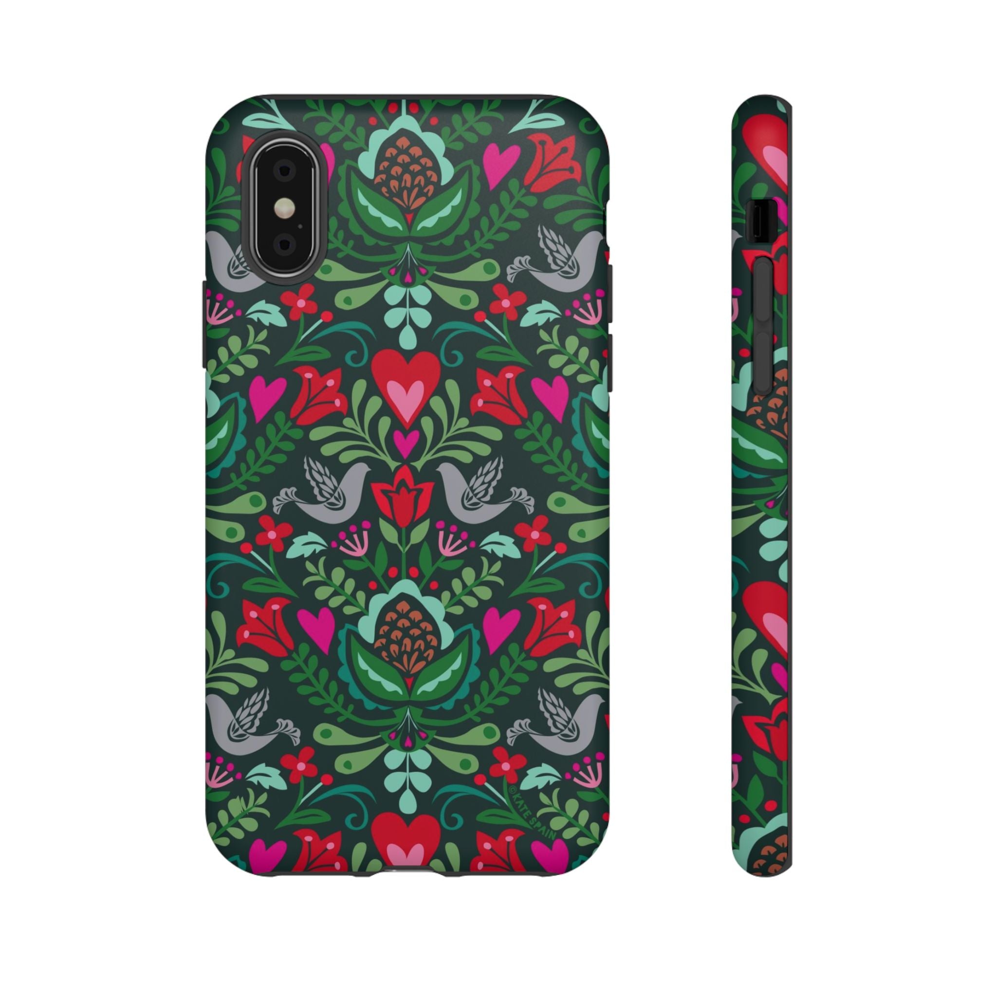 Rosemaling Tough iPhone X Case – Matte | dark green, red, pink, gray folk art floral bird print