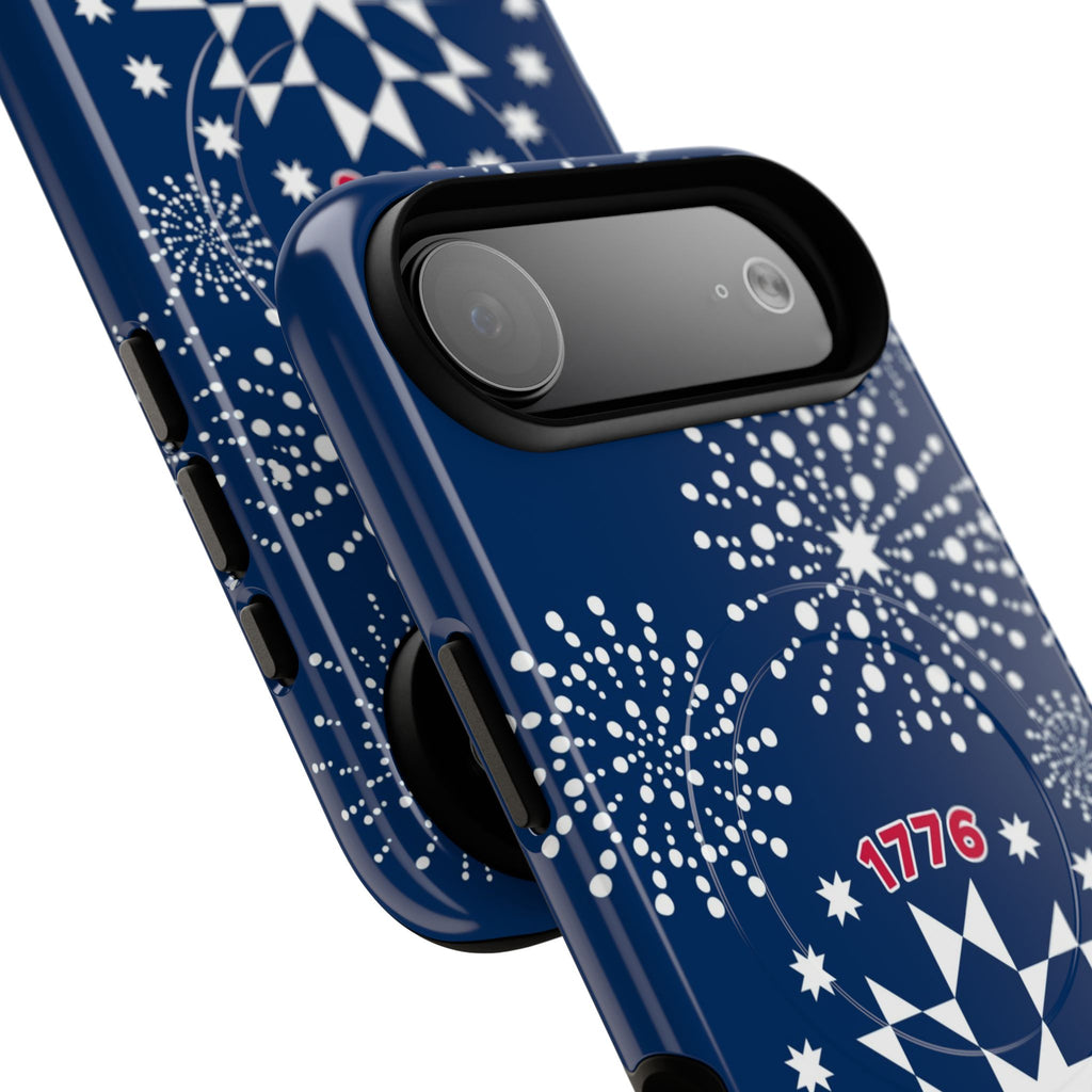 250th Fireworks MagSafe iPhone 17 Air Case angled view in close-up of buttons and camera cutout in case in navy, white patriotic star quilt fireworks print