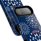 250th Fireworks MagSafe iPhone 17 Air Case angled view in close-up of buttons and camera cutout in case in navy, white patriotic star quilt fireworks print