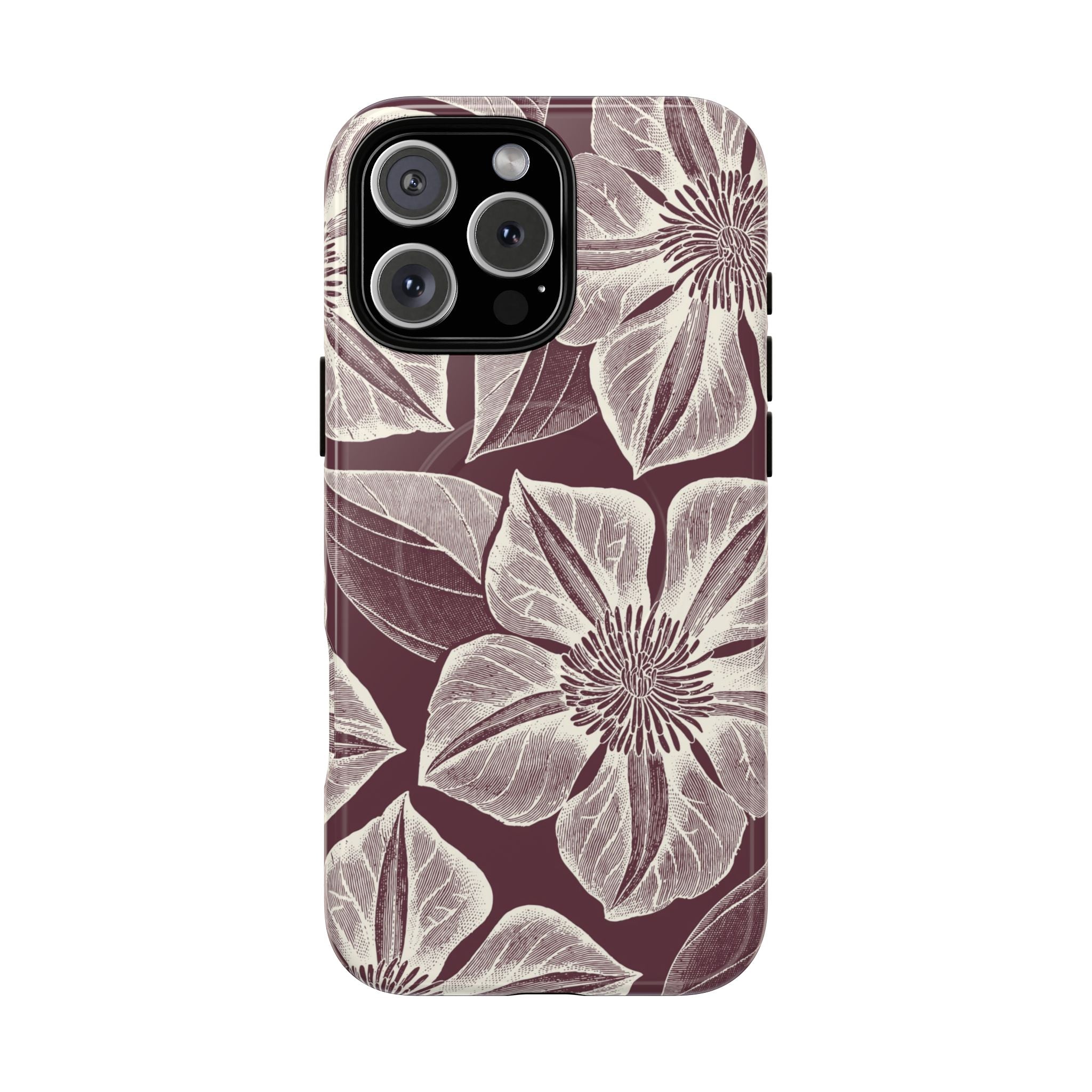 Vintage Bloom Burgundy MagSafe iPhone 16 Pro Case – Matte | burgundy ground, large-scale cream clematis print, engraved petal detail, dual-layer protection