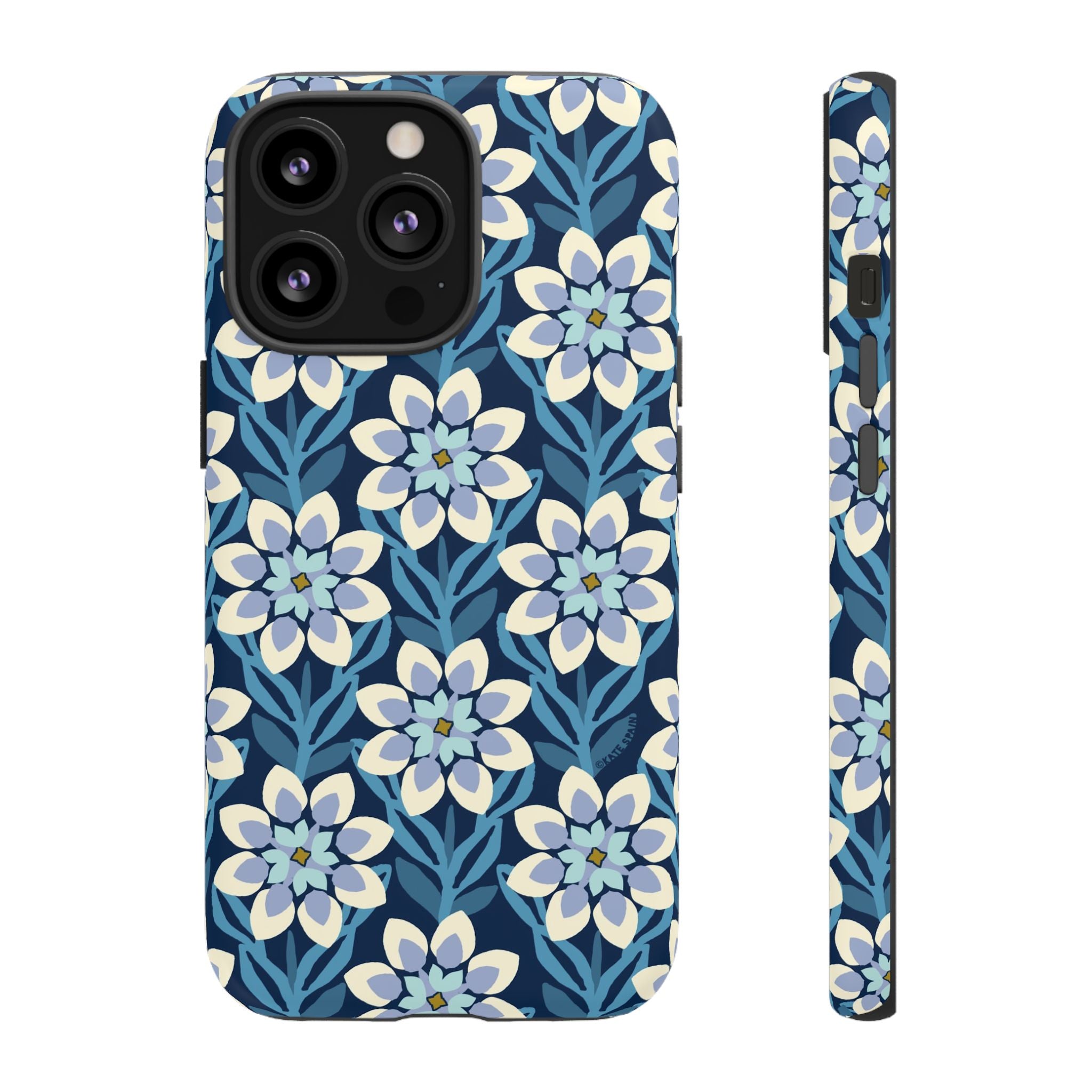 Designer Modern Dahlia Tough iPhone 13 Pro Case – Matte | navy, cobalt, white dahlia floral print