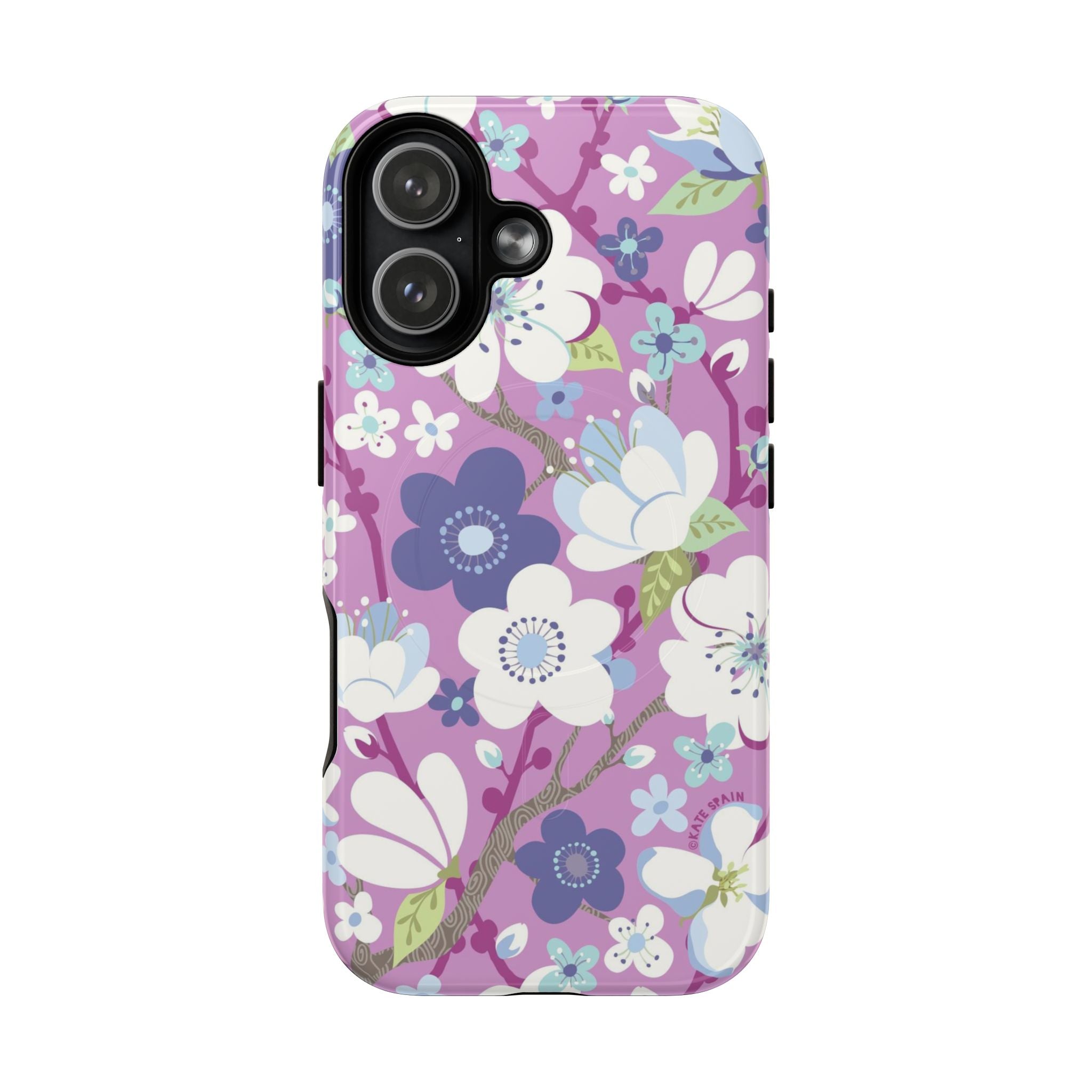 Purple Cherry Blossom MagSafe iPhone 17 Case – Glossy | mauve, purple, blue, white cherry blossom print