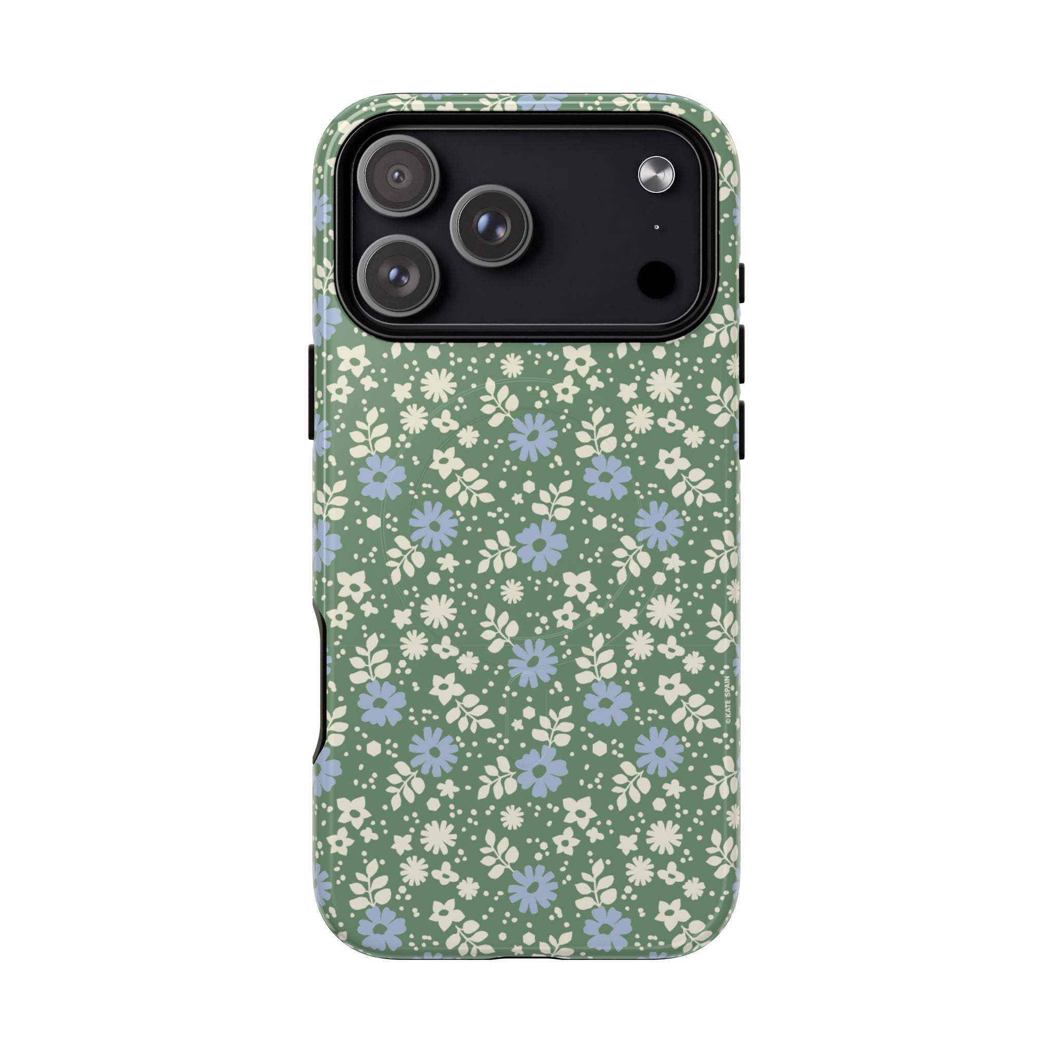 Petaline Green MagSafe iPhone 17 Pro Max Case – Glossy | cream and periwinkle blue ditsy floral print on a sage green ground