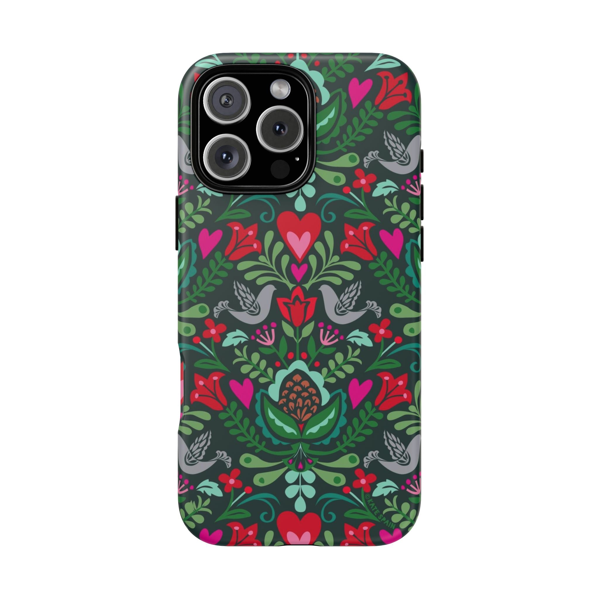 Rosemaling Tough iPhone 16 Pro Max Case – Matte | dark green, red, pink, gray folk art floral bird print