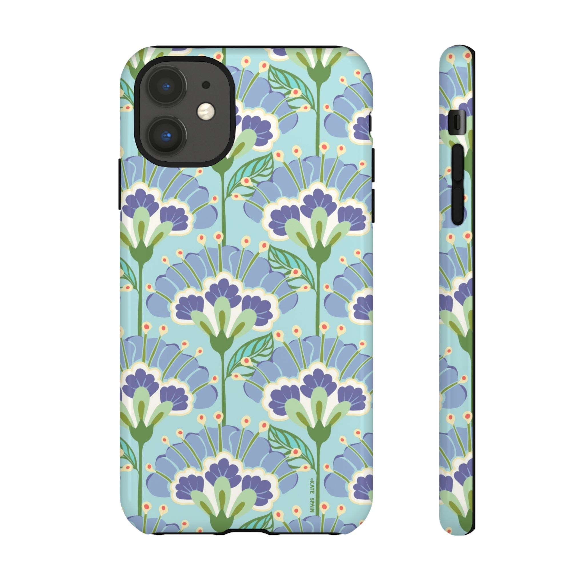 Lantern Flower Tough iPhone 11 Case – Glossy | aqua, periwinkle, green botanical lantern floral print