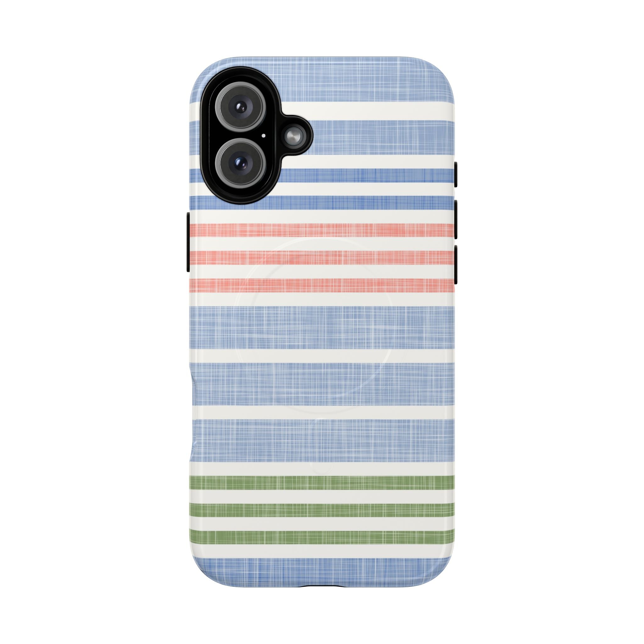 Cabana Stripe Pastel MagSafe iPhone 16 Plus Case – Glossy | soft blue, coral, sage green chambray-textured stripe print MagSafe compatible, dual-layer protection