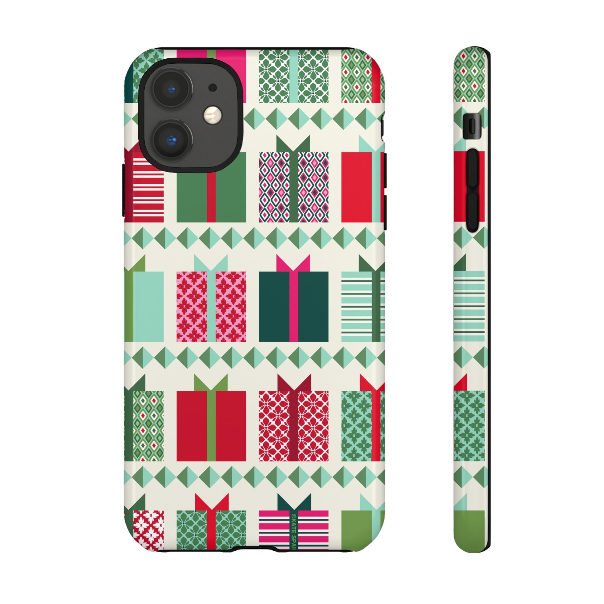 All Wrapped Up Tough iPhone 11 Case – Glossy | cream, red, pink, green, mint geometric gift wrap holiday print
