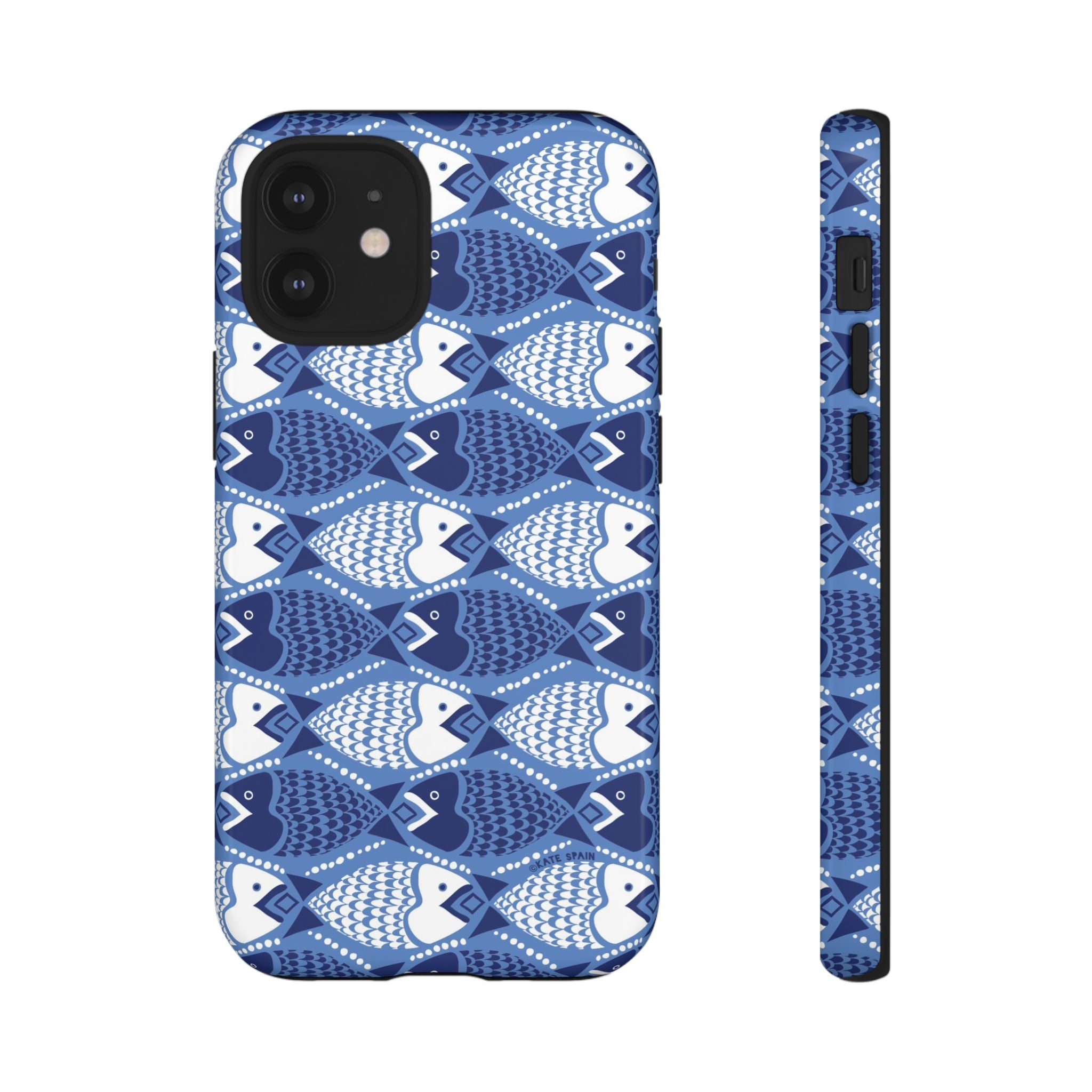 Catch of the Day Tough iPhone 12 Mini Case – Glossy | navy, blue, white geometric fish print