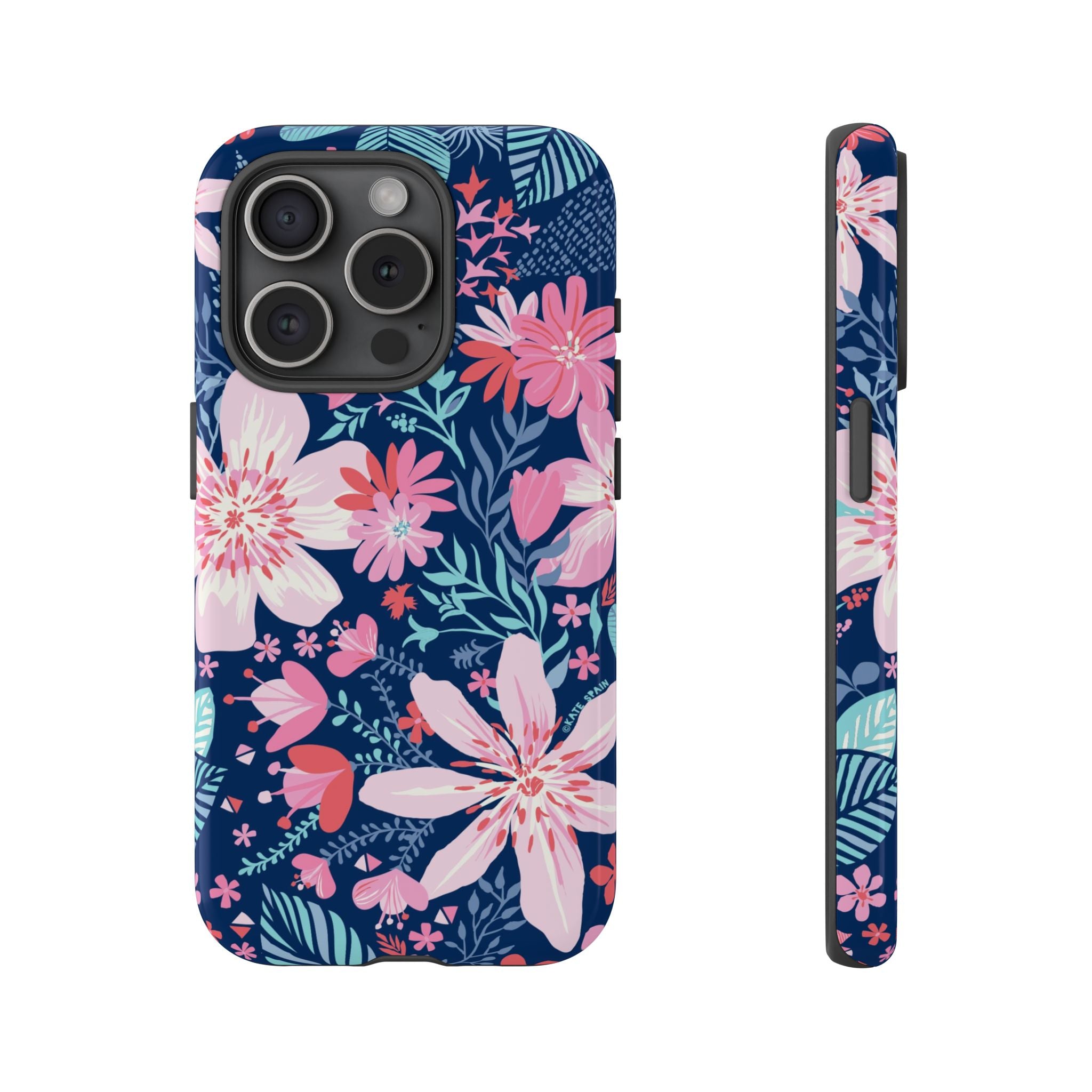 Bonaire Tough iPhone 15 Pro Case – Glossy | navy, pink, white tropical floral botanical print