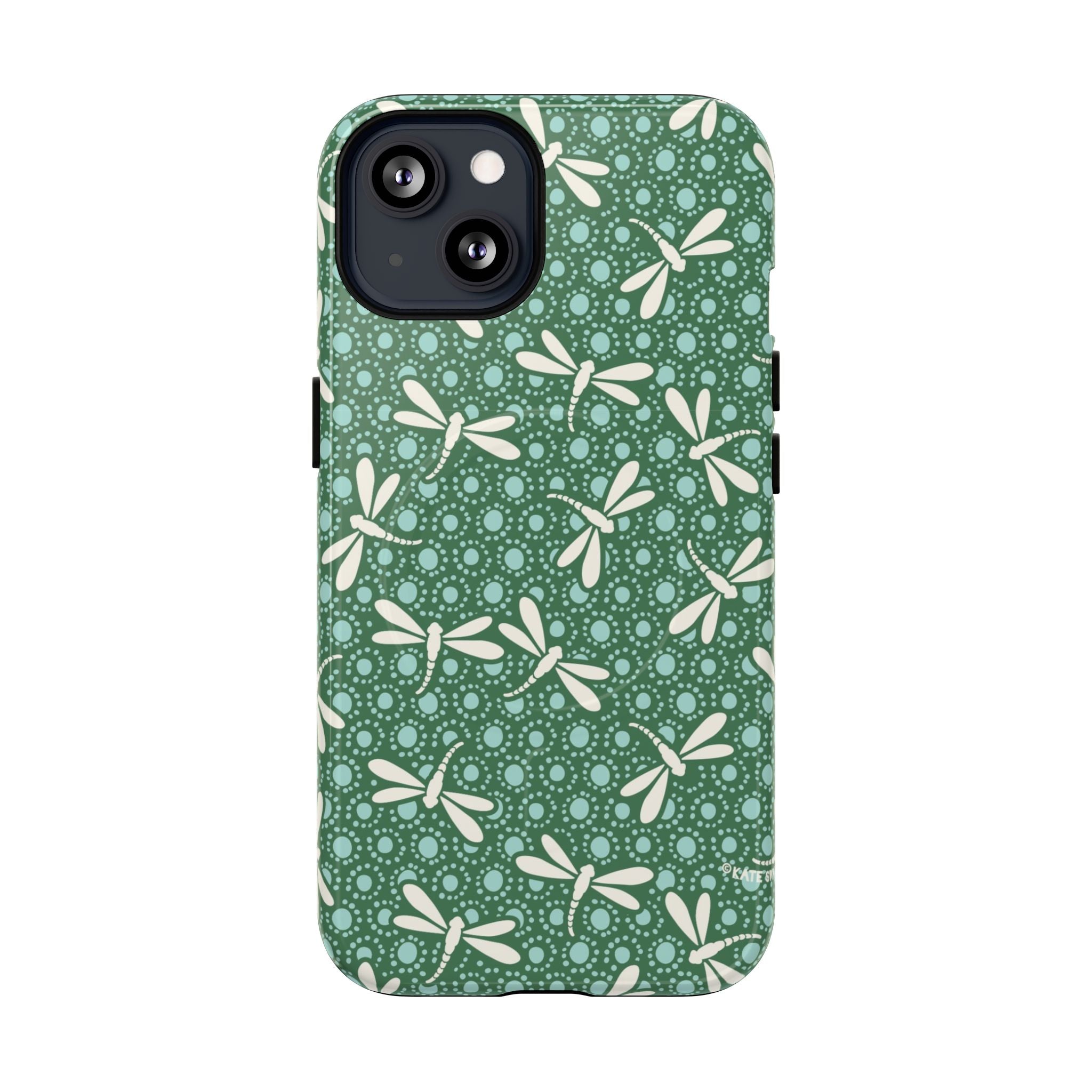 Designer Dragonfly MagSafe iPhone 13 Case – Glossy | jade green, aqua, cream dragonfly print