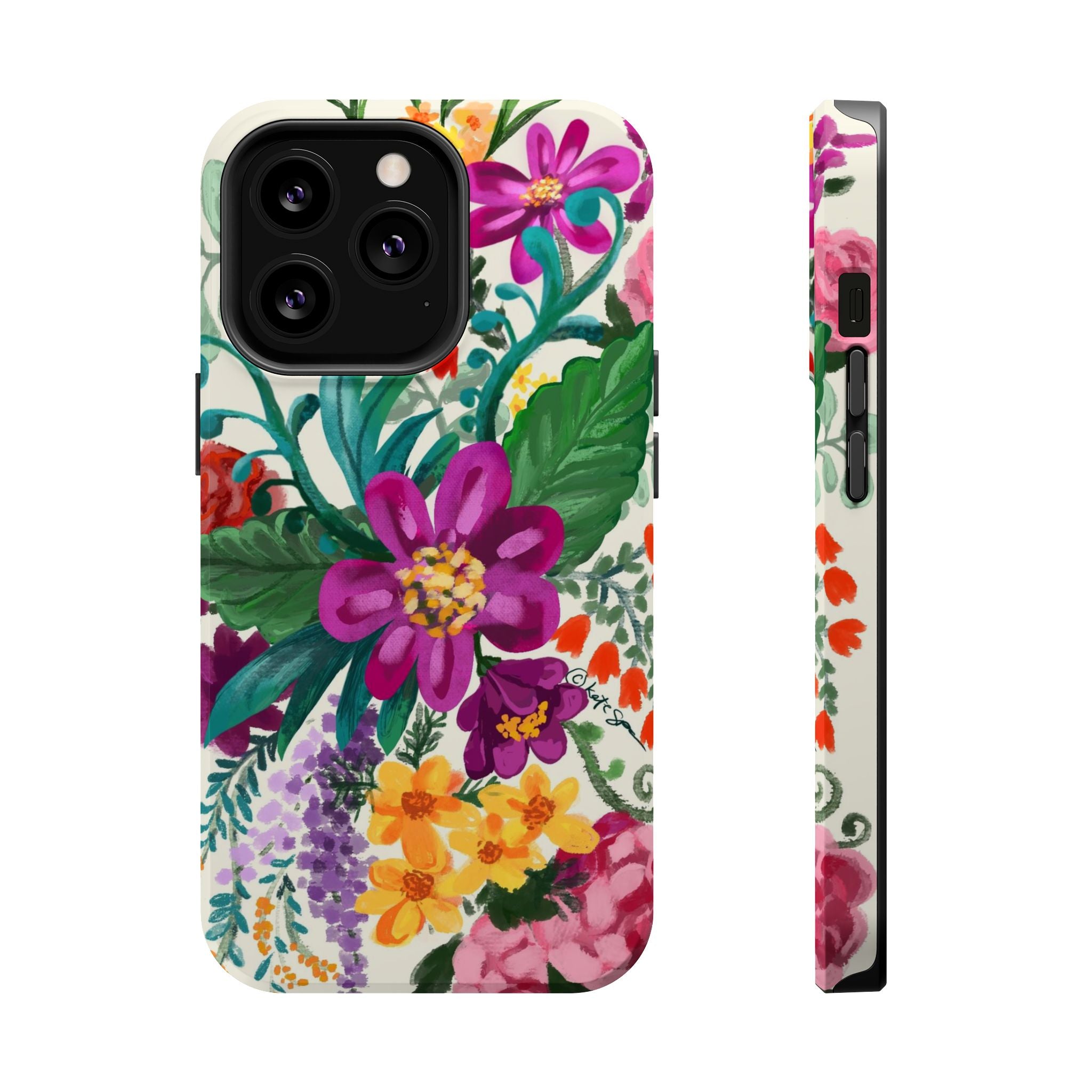 Posy MagSafe iPhone 13 Pro Case – Glossy | white, magenta, yellow, purple vibrant botanical floral print