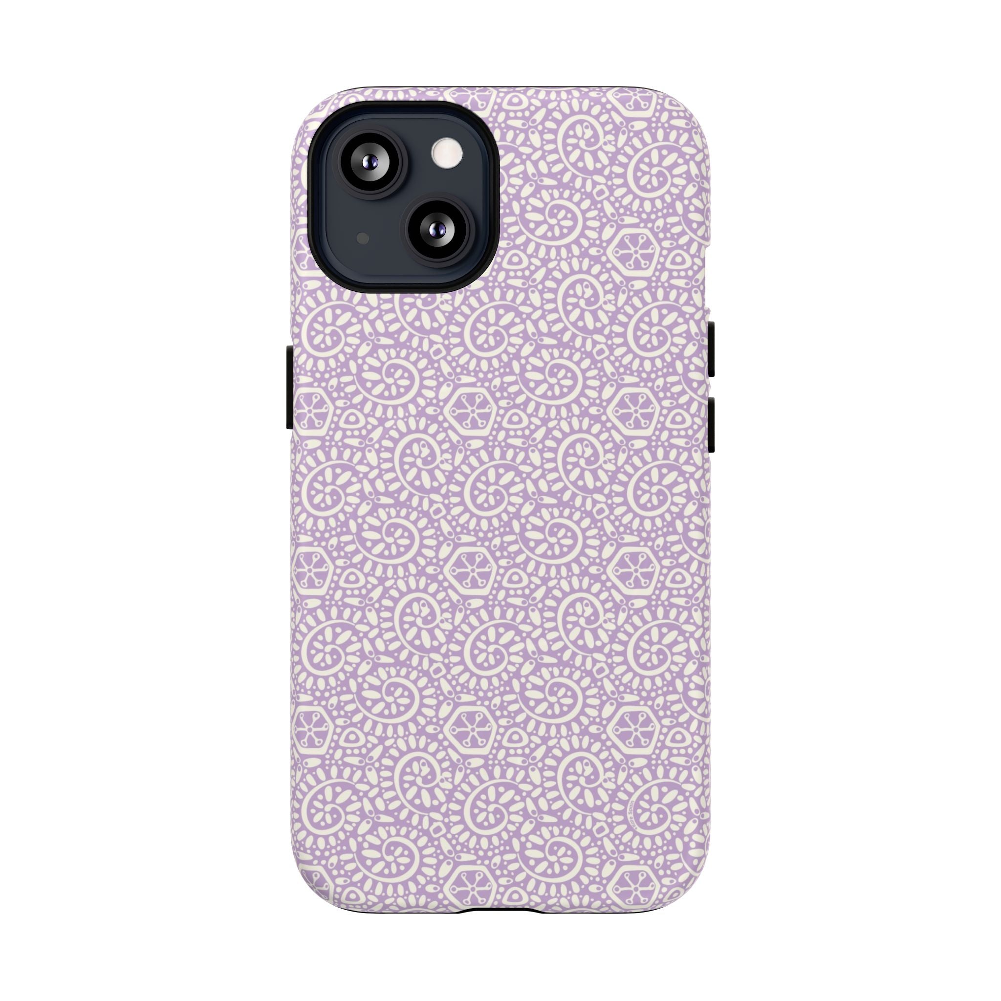 Canto Swirls Lavender MagSafe iPhone 13 Matte Case — lavender hard case covered in an intricate folk-art medallion pattern of radiating circular motifs, dot clusters, and geometric centers