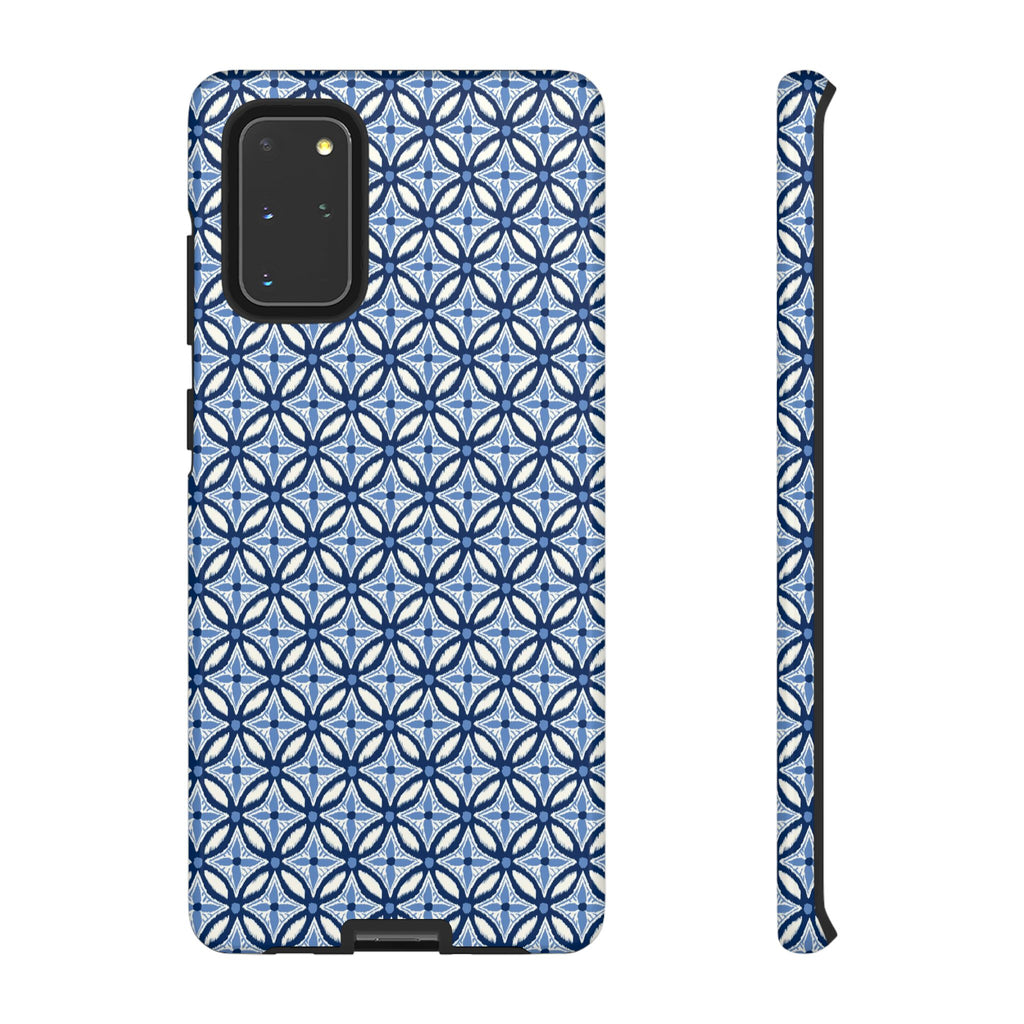 Light blue Samsung Galaxy case with navy and periwinkle ikat geometric pattern — botanical phone case by Kate Spain for Floriori