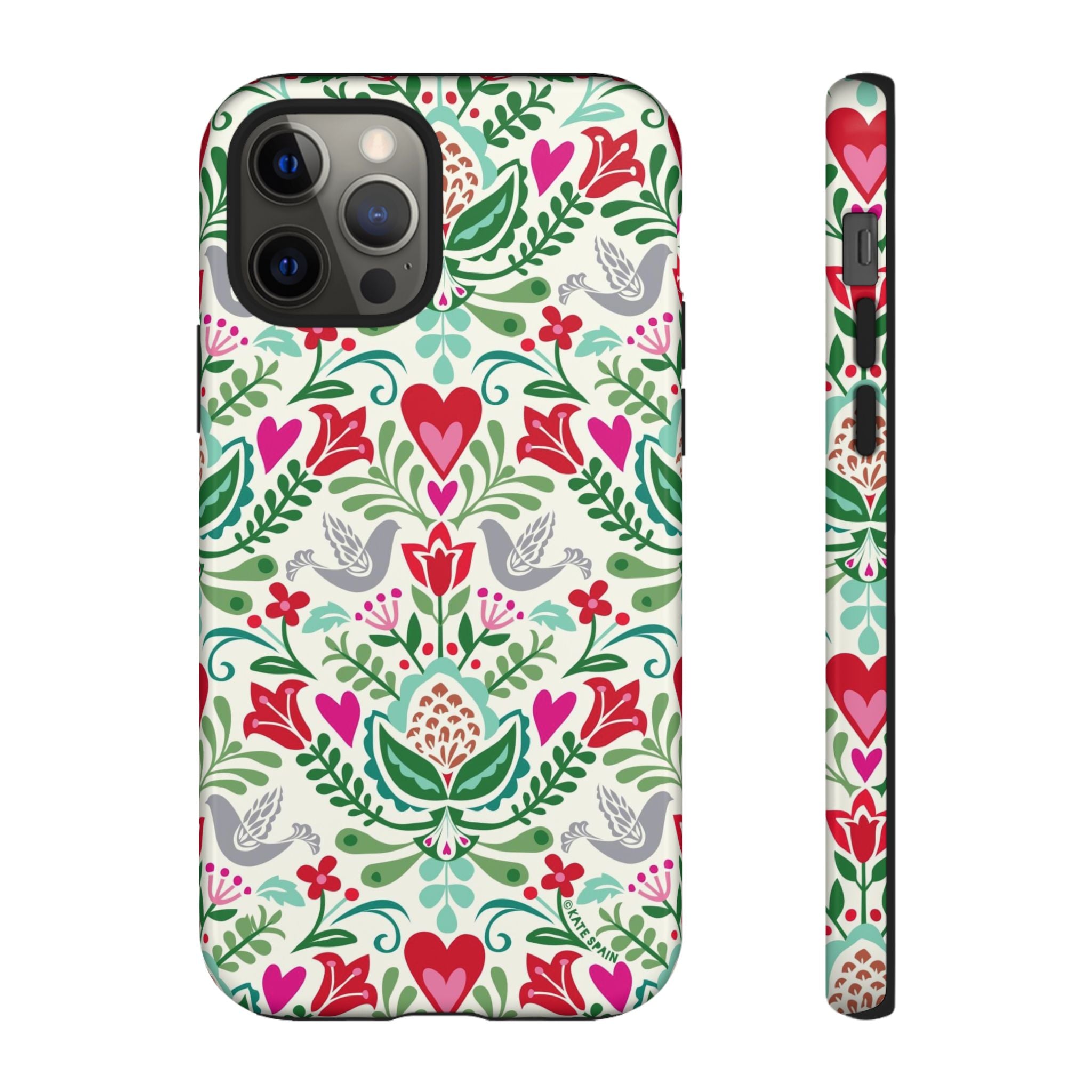 Rosemaling Tough iPhone 12 Pro Case – Glossy | cream, red, pink, green, gray folk art floral bird print