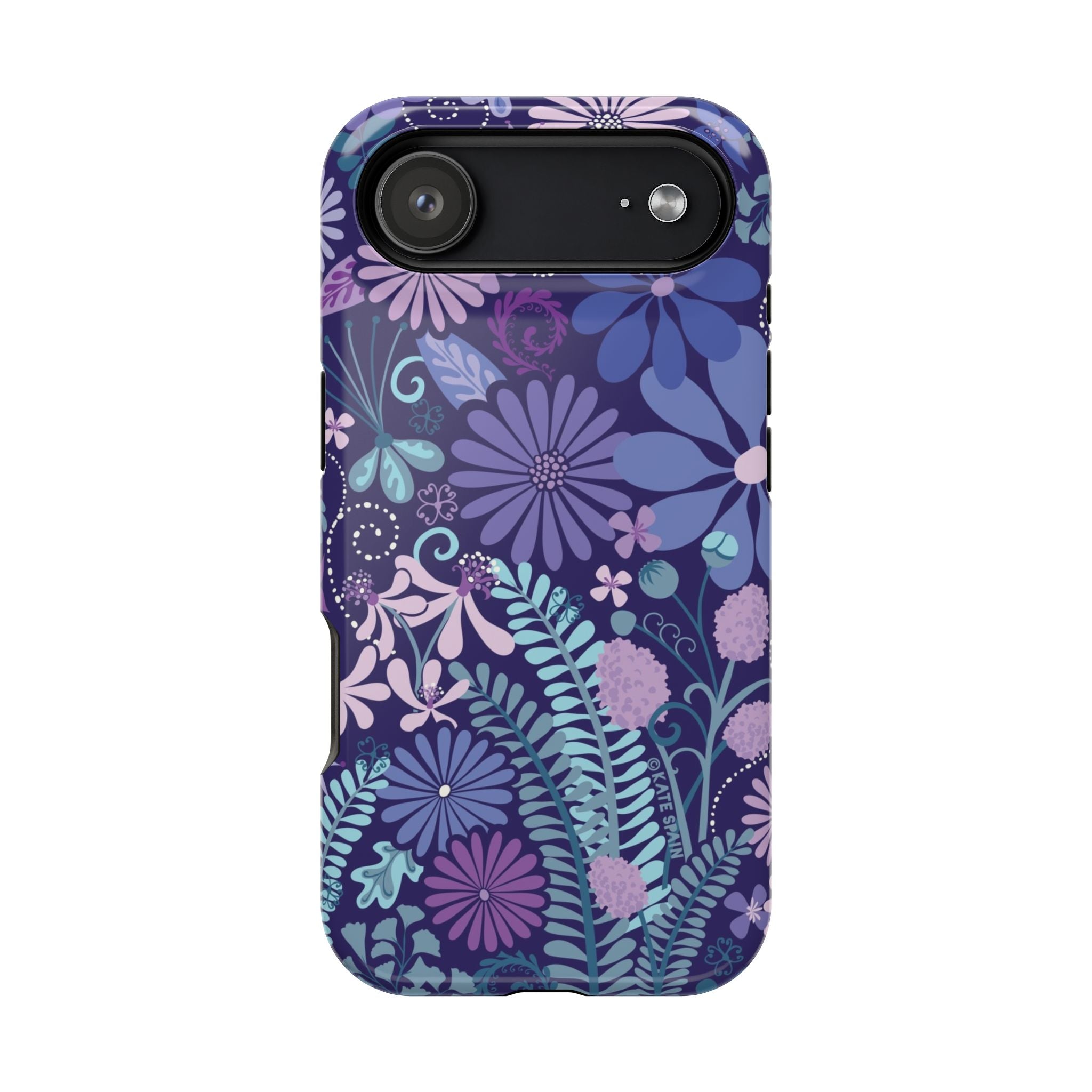 Luxury Terrain MagSafe iPhone 17 Case – Glossy | navy, purple, aqua botanical woodland floral print
