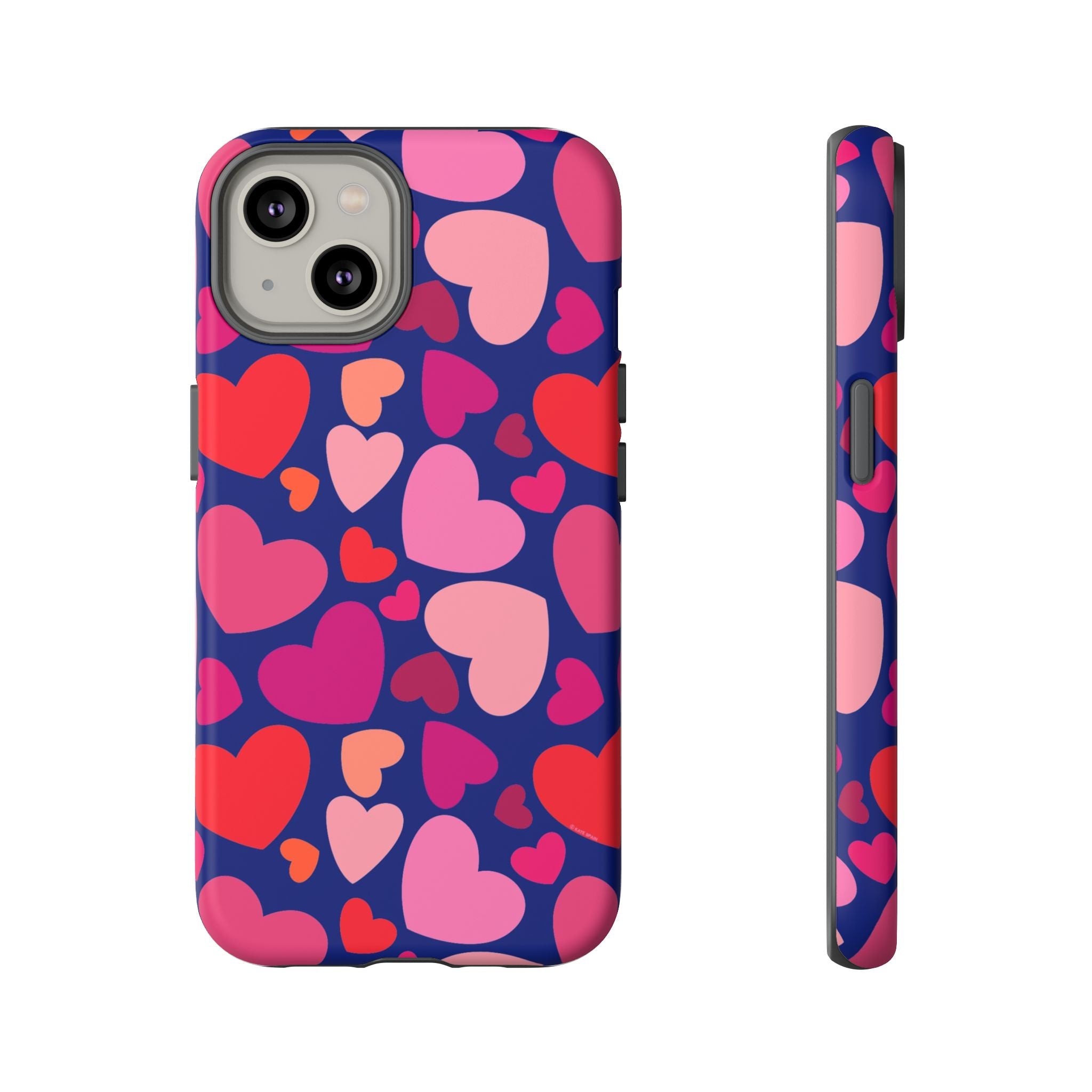 Hearts Tough iPhone 14 Case – Matte | navy, pink, red, coral scattered heart print