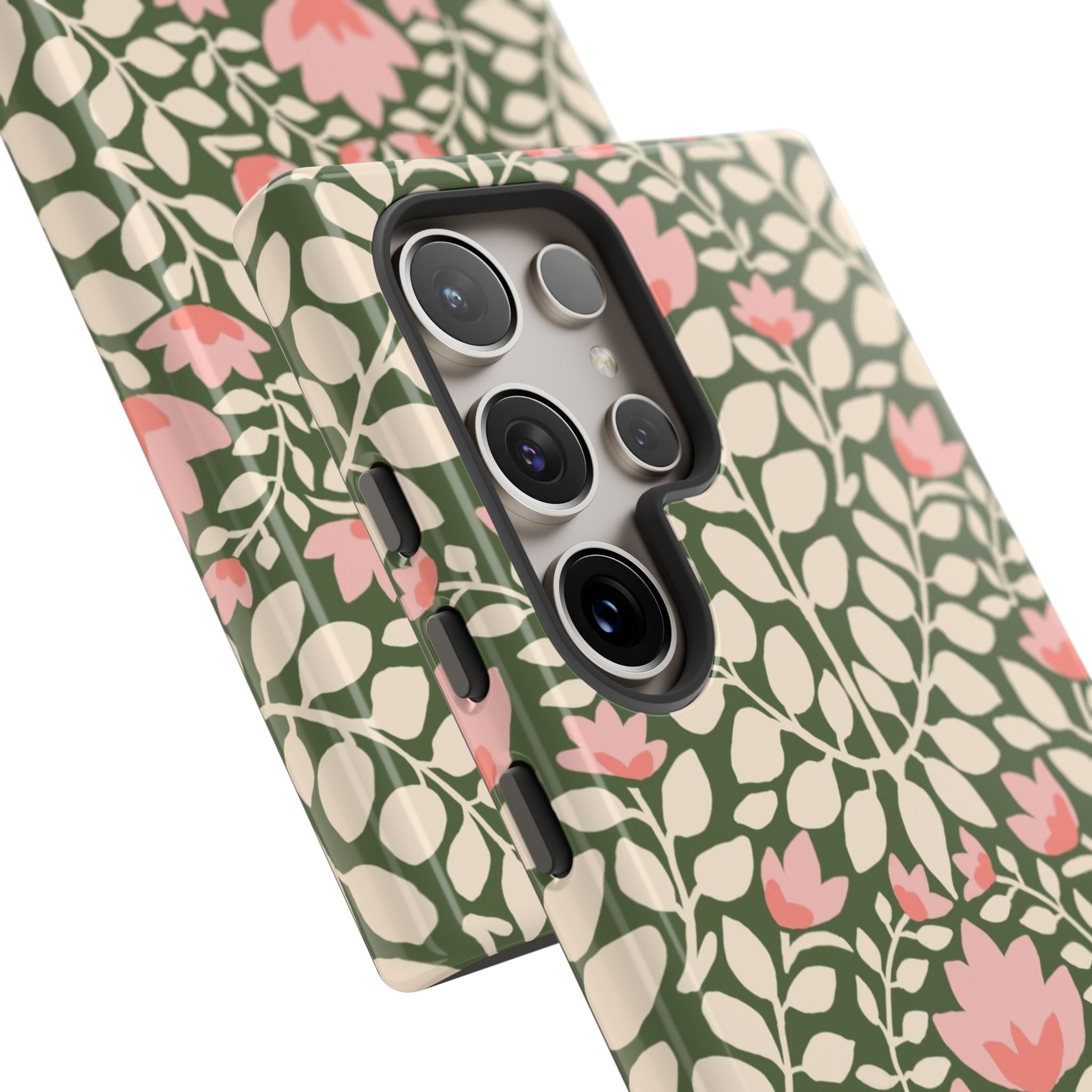 Wild Vines Samsung Galaxy Case – back view of 5 lenses of camera in protective case | green, cream, blush botanical vine floral print