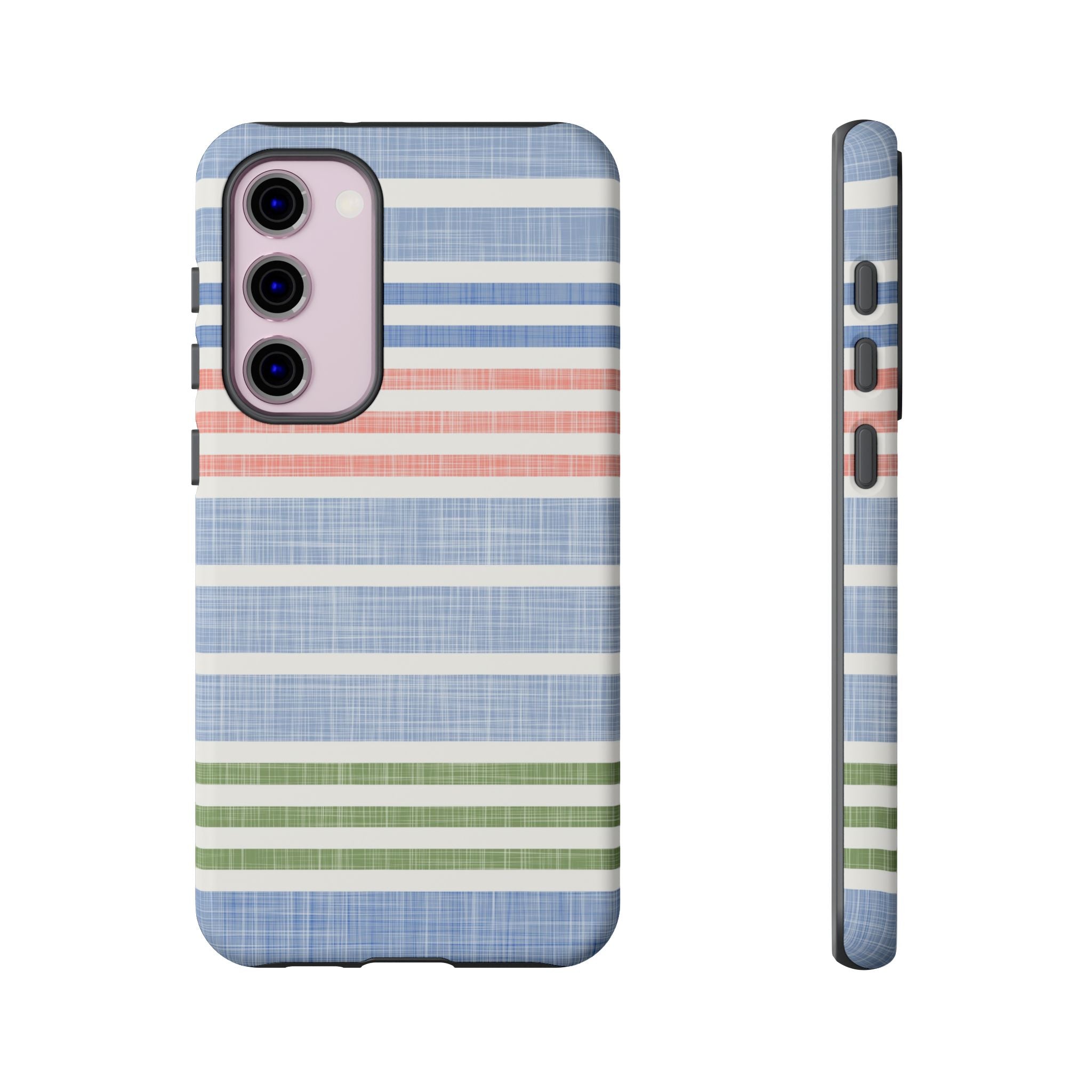 Cabana Stripe Pastel Samsung Galaxy S23 Plus Case – Matte | soft blue, coral, sage green chambray-textured stripe print dual-layer protection