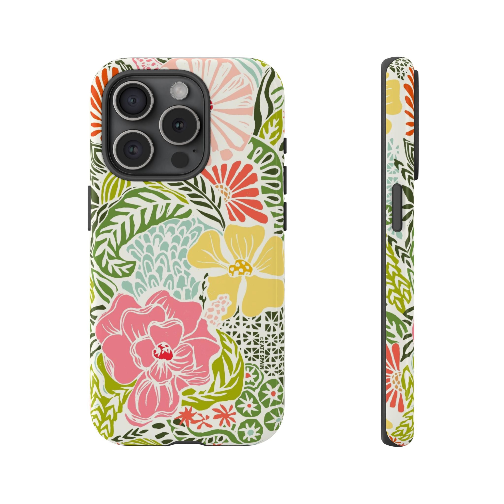 Tropica Tough iPhone 15 Pro Case – Glossy | cream, pink, yellow, blue botanical floral print