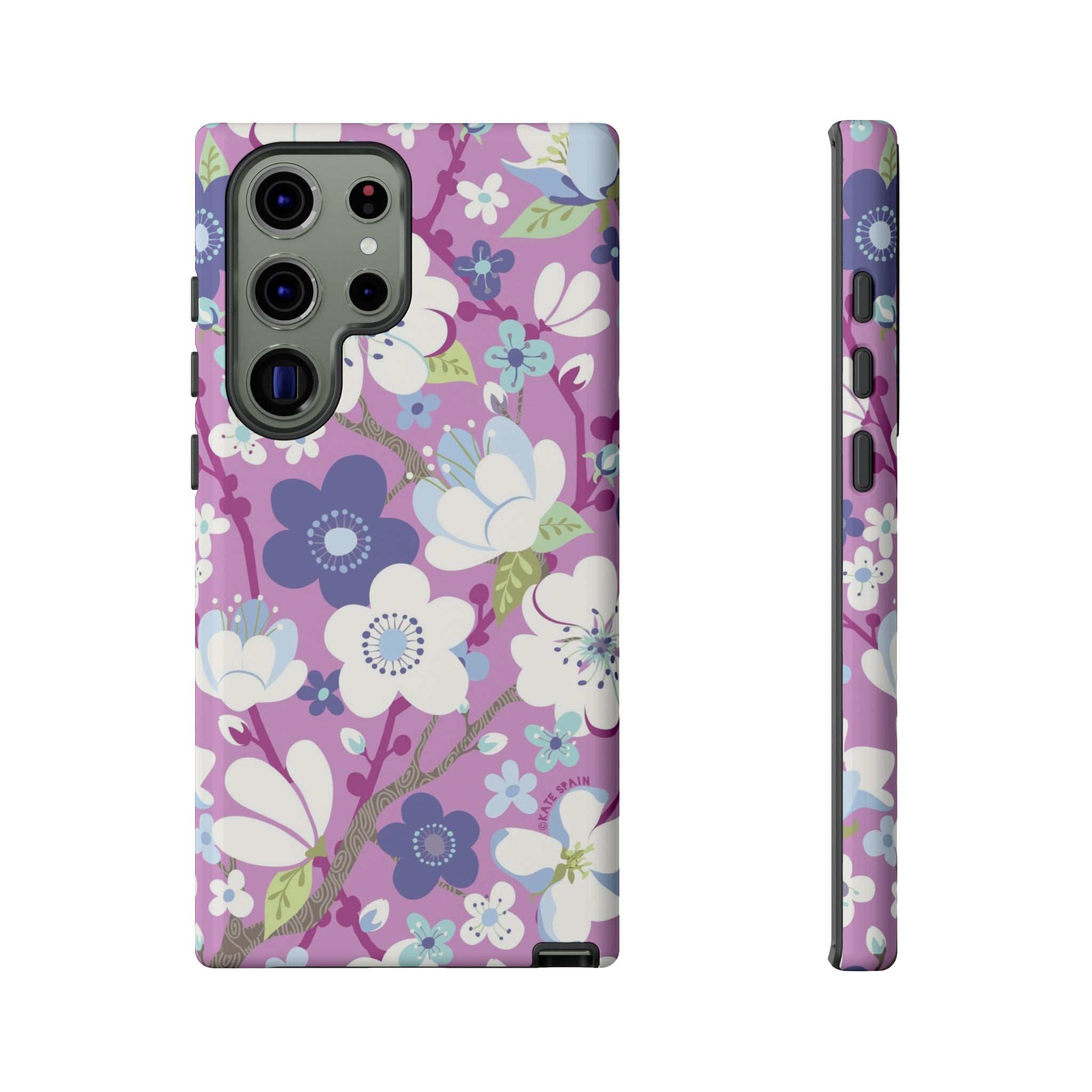 Cherry Blossom Samsung Galaxy S23 Ultra Case – Glossy | mauve, white, periwinkle cherry blossom floral print