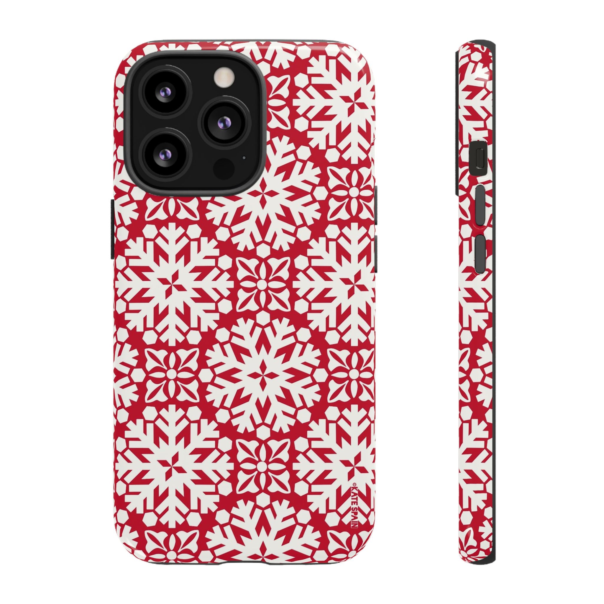 Flurry Tough iPhone 13 Pro Case – Glossy | red, cream geometric snowflake medallion print