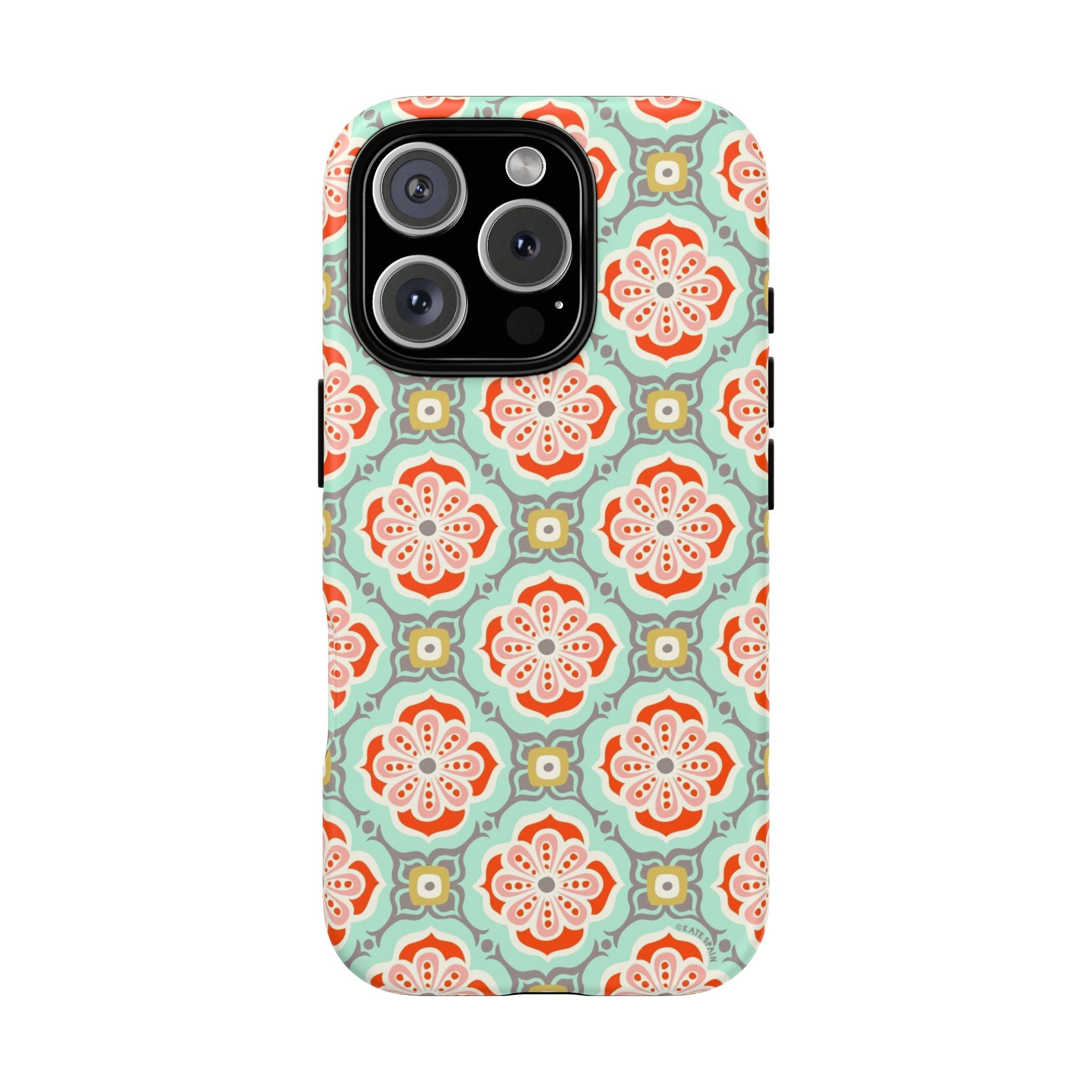Alhambra Tough iPhone 16 Pro Case – Glossy | aqua, coral, blush geometric medallion floral print
