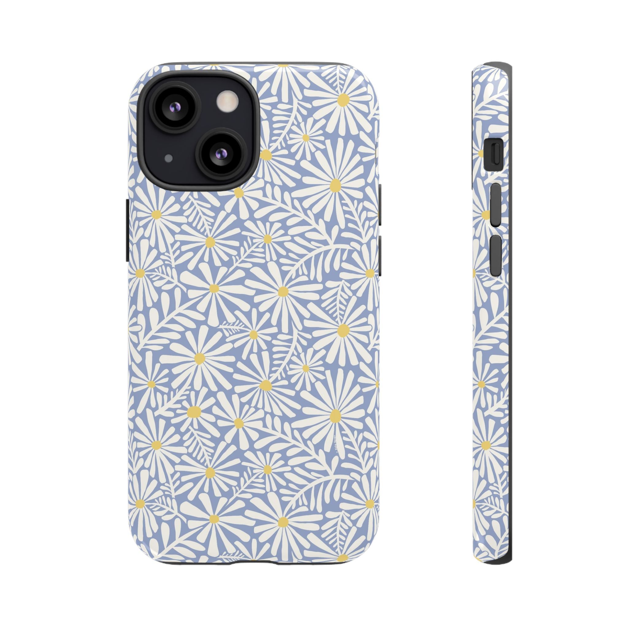 Montauk Daisy Cottage Blue iPhone 13 Mini Case – Glossy | periwinkle blue, white graphic daisy and fern print, golden yellow centers | dual-layer protection
