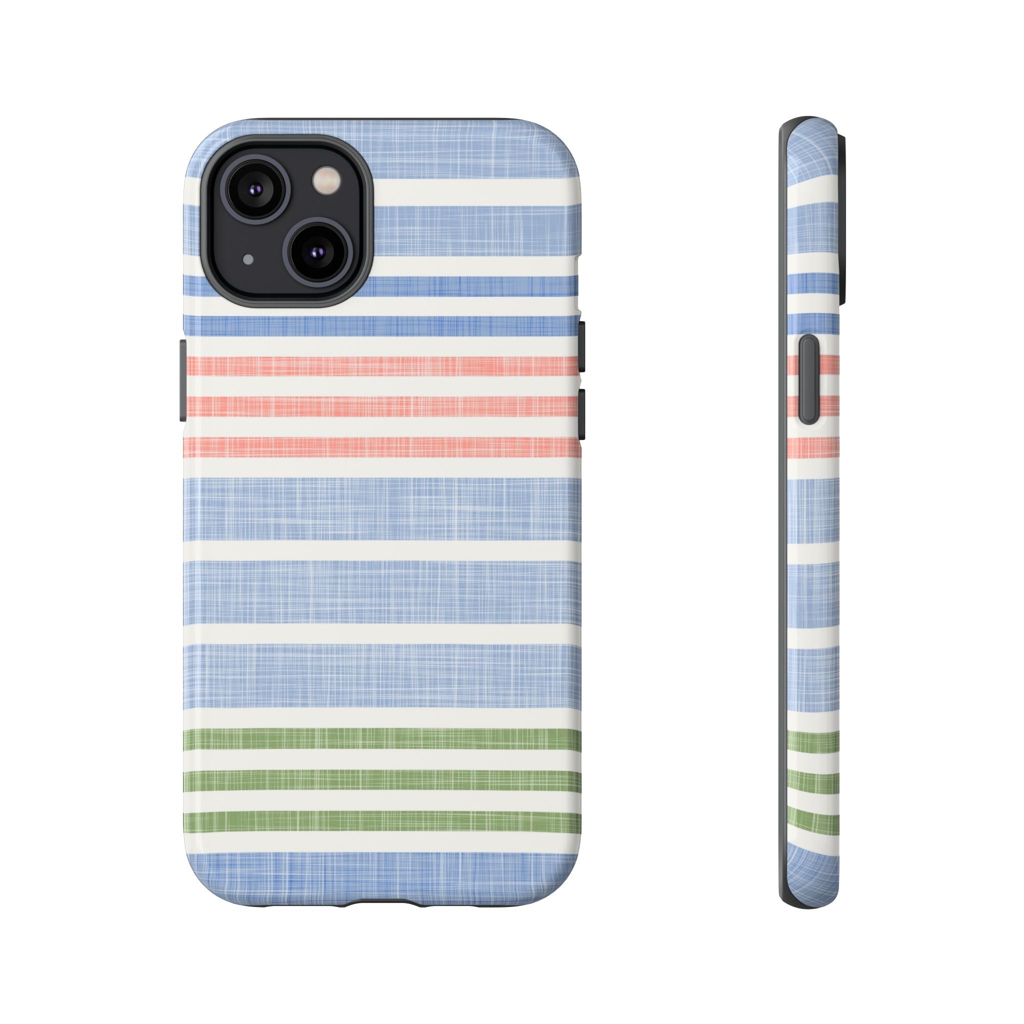 Cabana Stripe Pastel Tough iPhone 14 Plus Case – Glossy | soft blue, coral, sage green chambray-textured stripe print dual-layer protection
