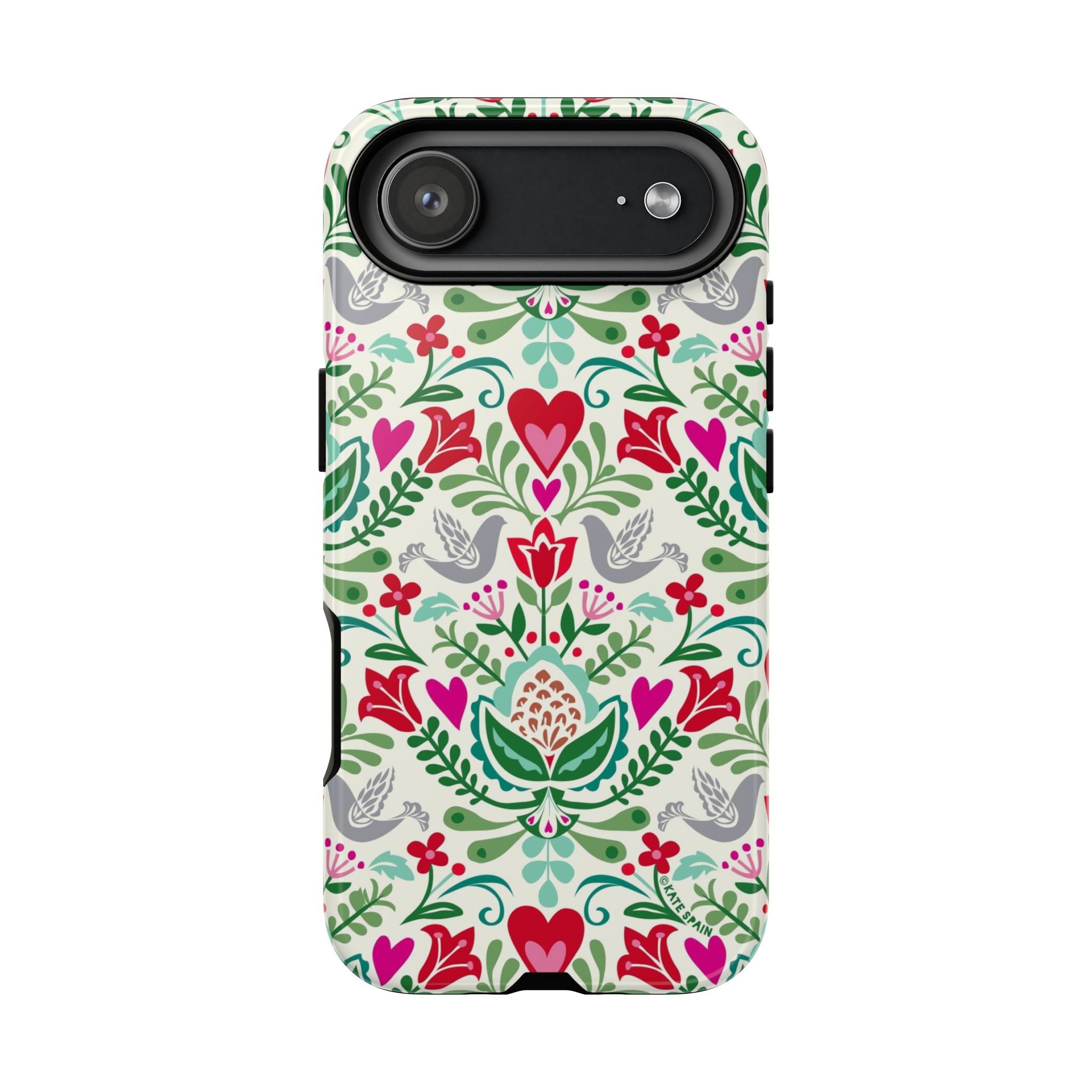 Rosemaling Tough iPhone 17 Air Case – Glossy | cream, red, pink, green, gray folk art floral bird print