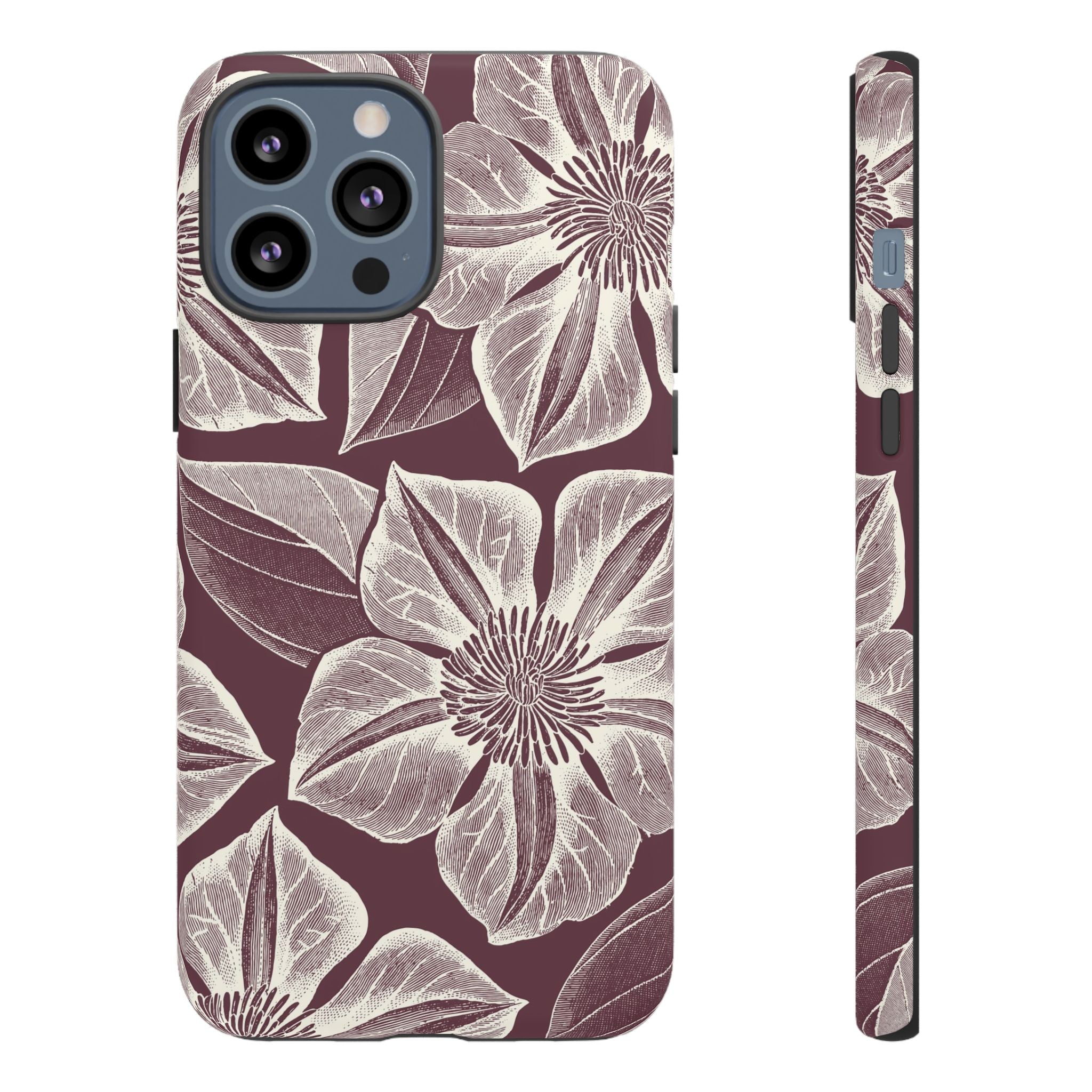 Vintage Bloom Burgundy iPhone 13 Pro Max case – Matte | burgundy ground, large-scale cream clematis print, engraved petal detail, dual-layer protection