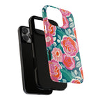 Tea Rose Teal Tough iPhone 16 Pro Max Case – dual-layer construction detail | teal, coral, pink botanical rose floral print
