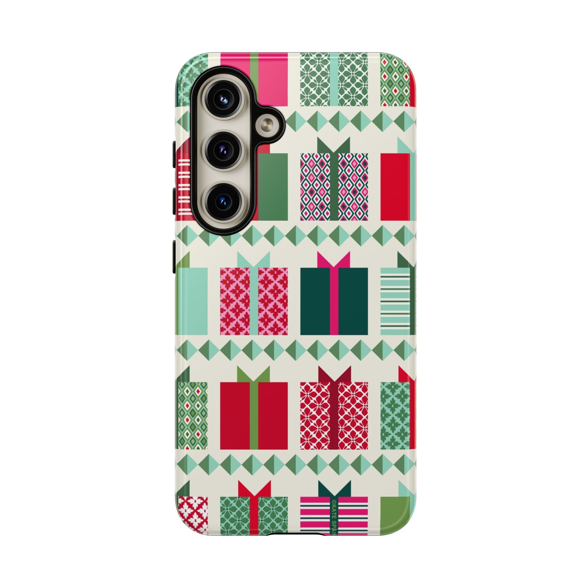 All Wrapped Up Samsung Galaxy S24 Case – Glossy | cream, red, pink, green, mint geometric gift wrap holiday print