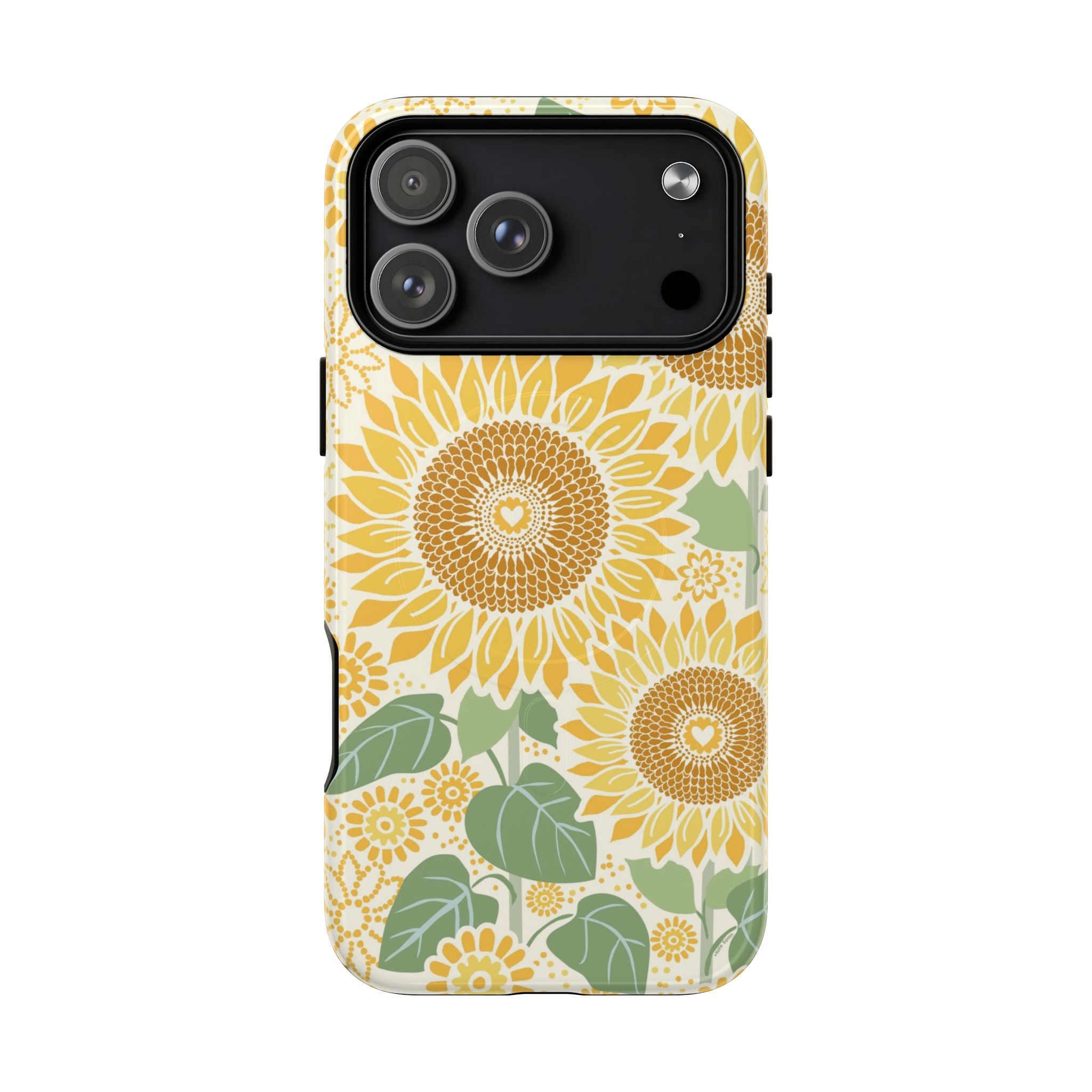 Sunny Sunflower MagSafe iPhone 17 Pro Max – Glossy | cream ground, large-scale yellow sunflower print, golden seed detail with heart centers, dual-layer protection