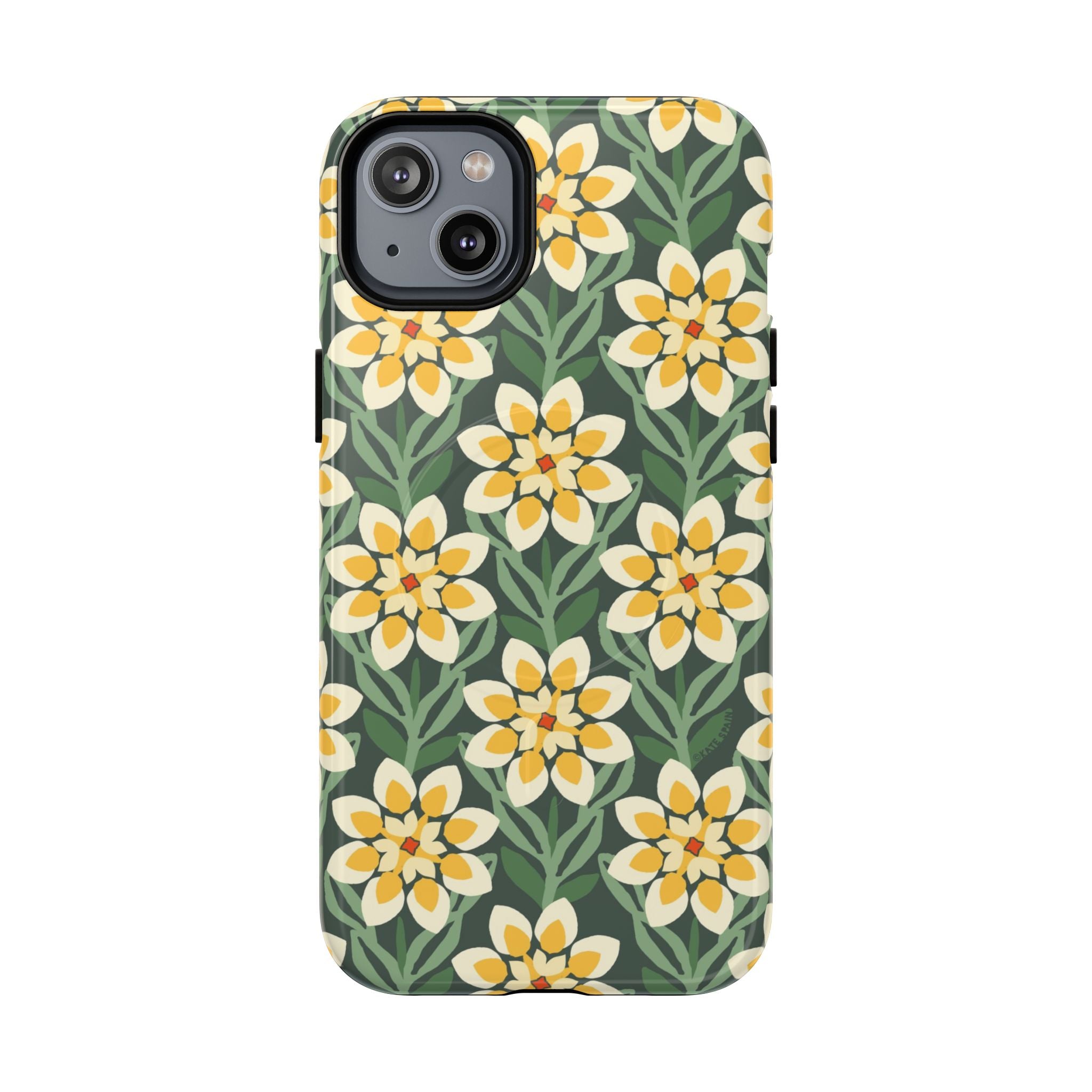 Designer Modern Dahlia MagSafe iPhone 14 Plus Case – Glossy | yellow, cream, green dahlia floral print