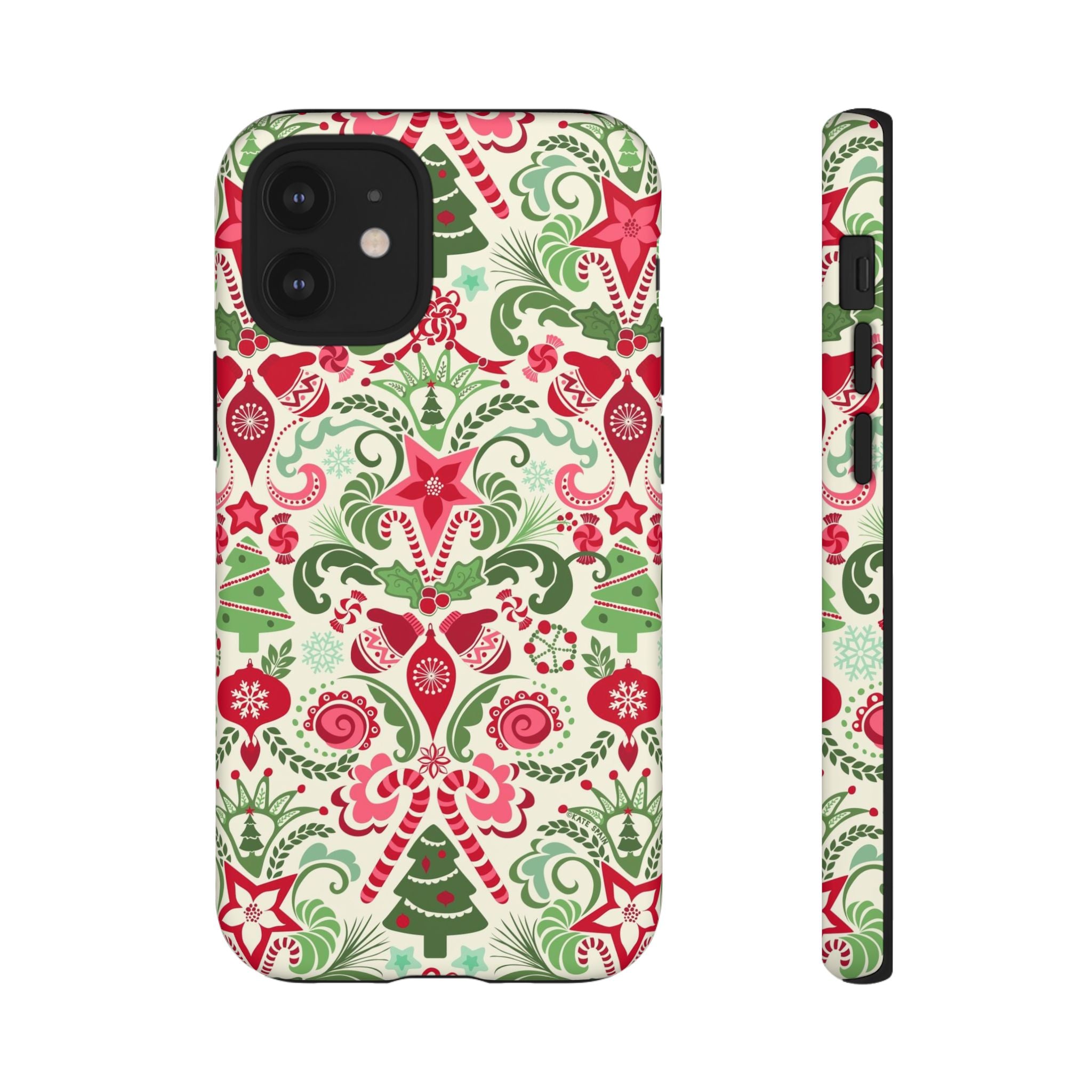 Wonderland Tough iPhone 12 Mini Case – Matte | cream, red, green Christmas ornament damask print