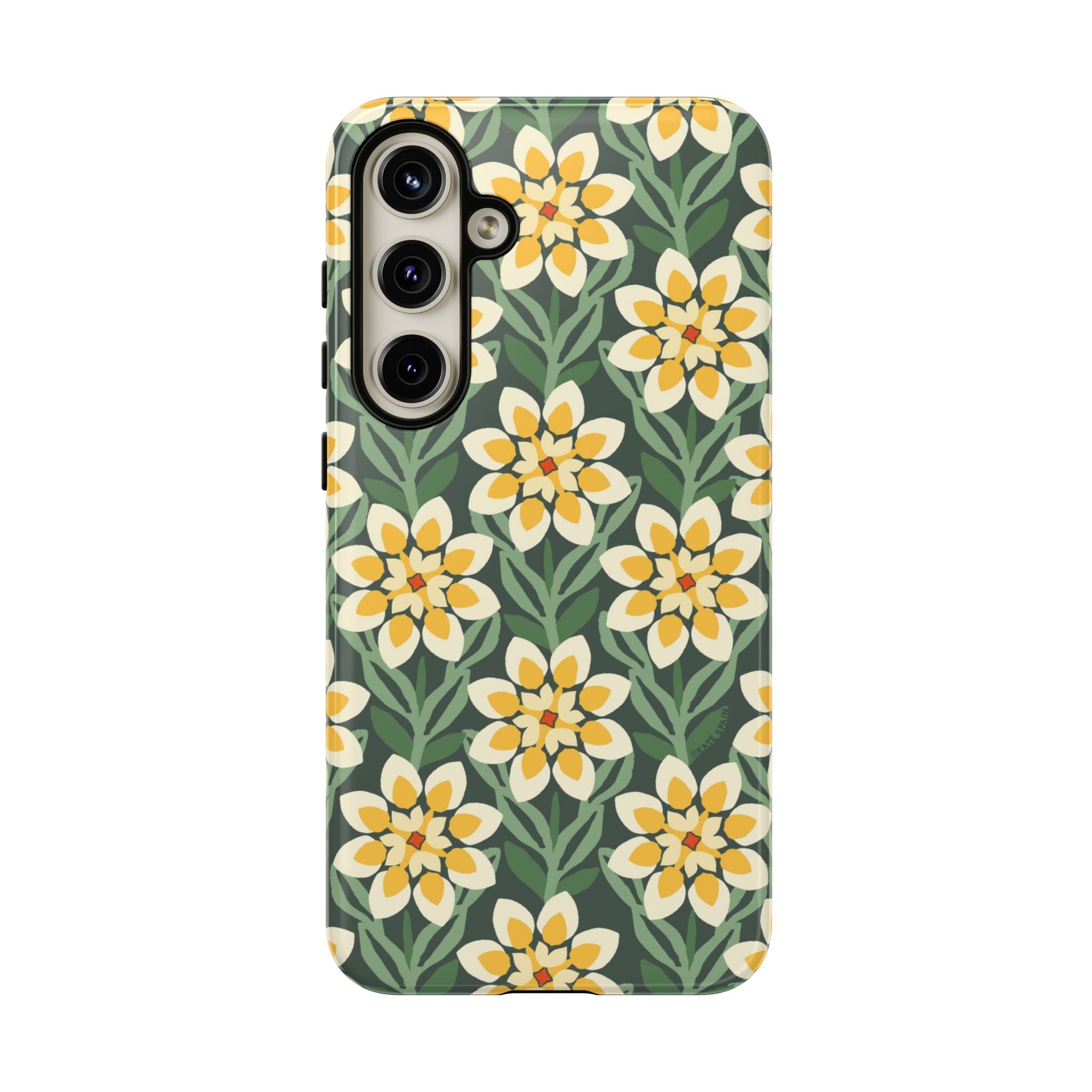 Luxury Modern Dahlia Samsung Galaxy S24 Plus Case – Glossy | forest green, yellow, cream modern dahlia print