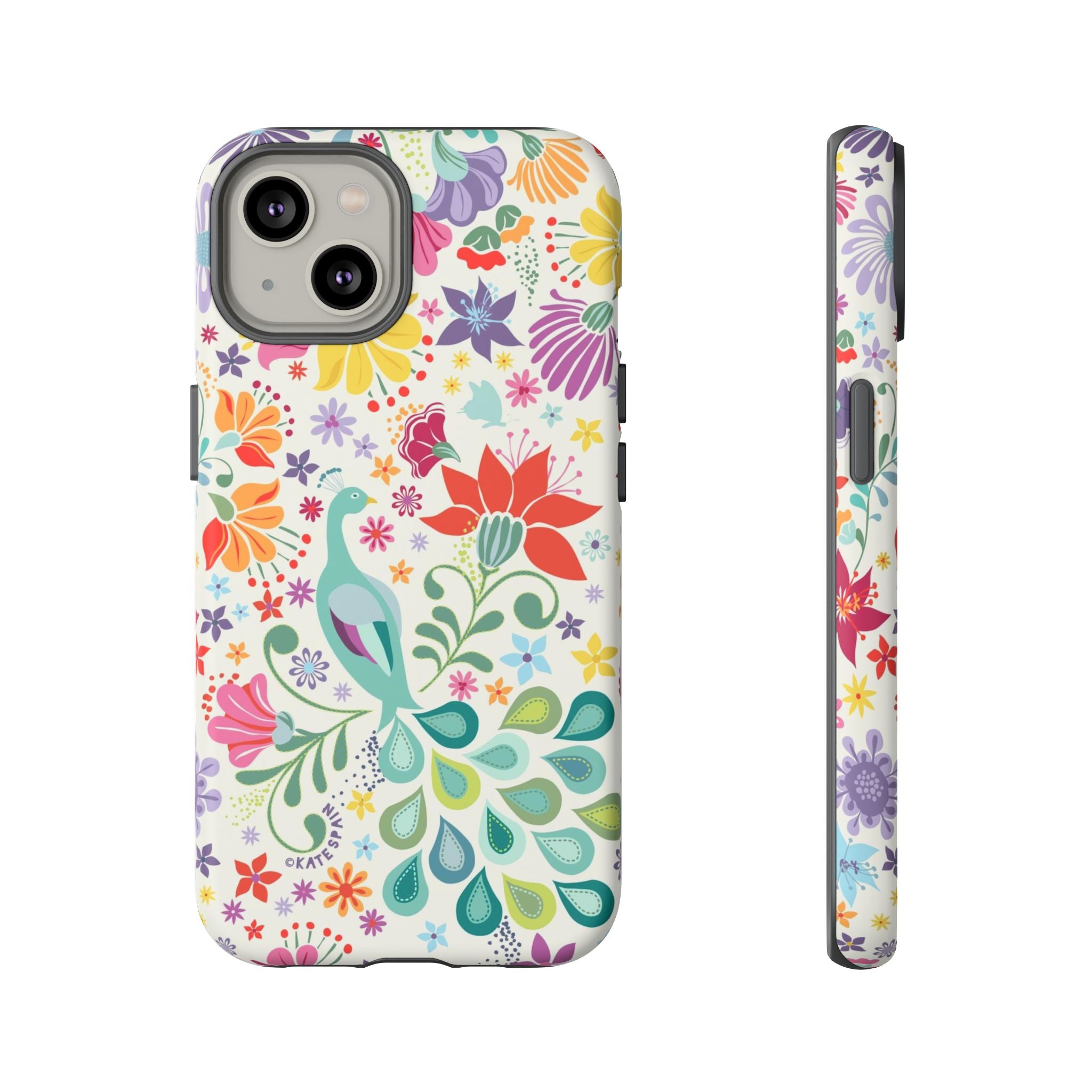 Peacock Sanctuary Tough iPhone 14 Case – Matte | white, teal, coral multicolor vibrant peacock feather botanical print