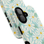 Daisies MagSafe iPhone 17 Case – Glossy | mint, white, yellow botanical daisy floral print | angled view closeup of camera cutout and buttons