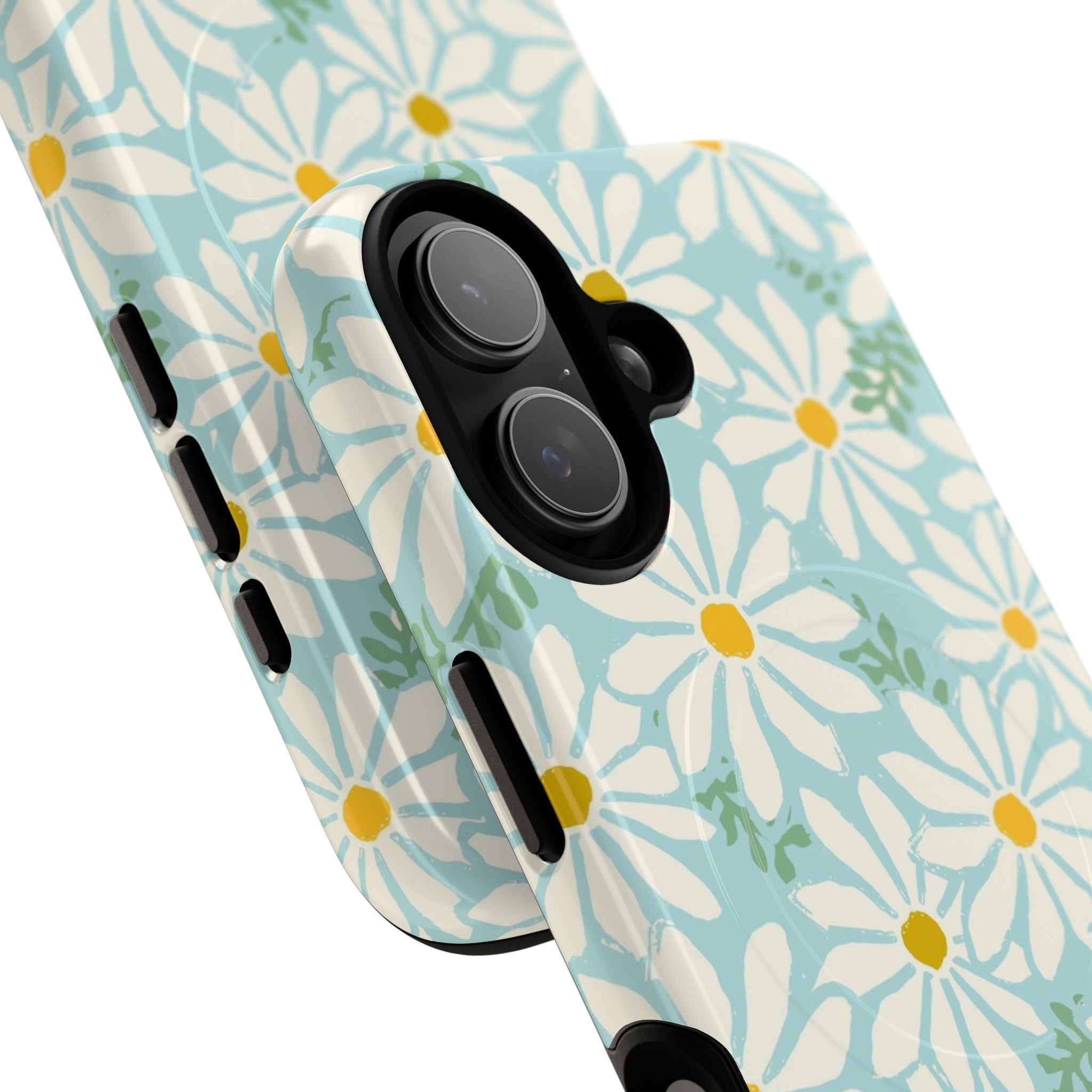 Daisies MagSafe iPhone 17 Case – Glossy | mint, white, yellow botanical daisy floral print | angled view closeup of camera cutout and buttons