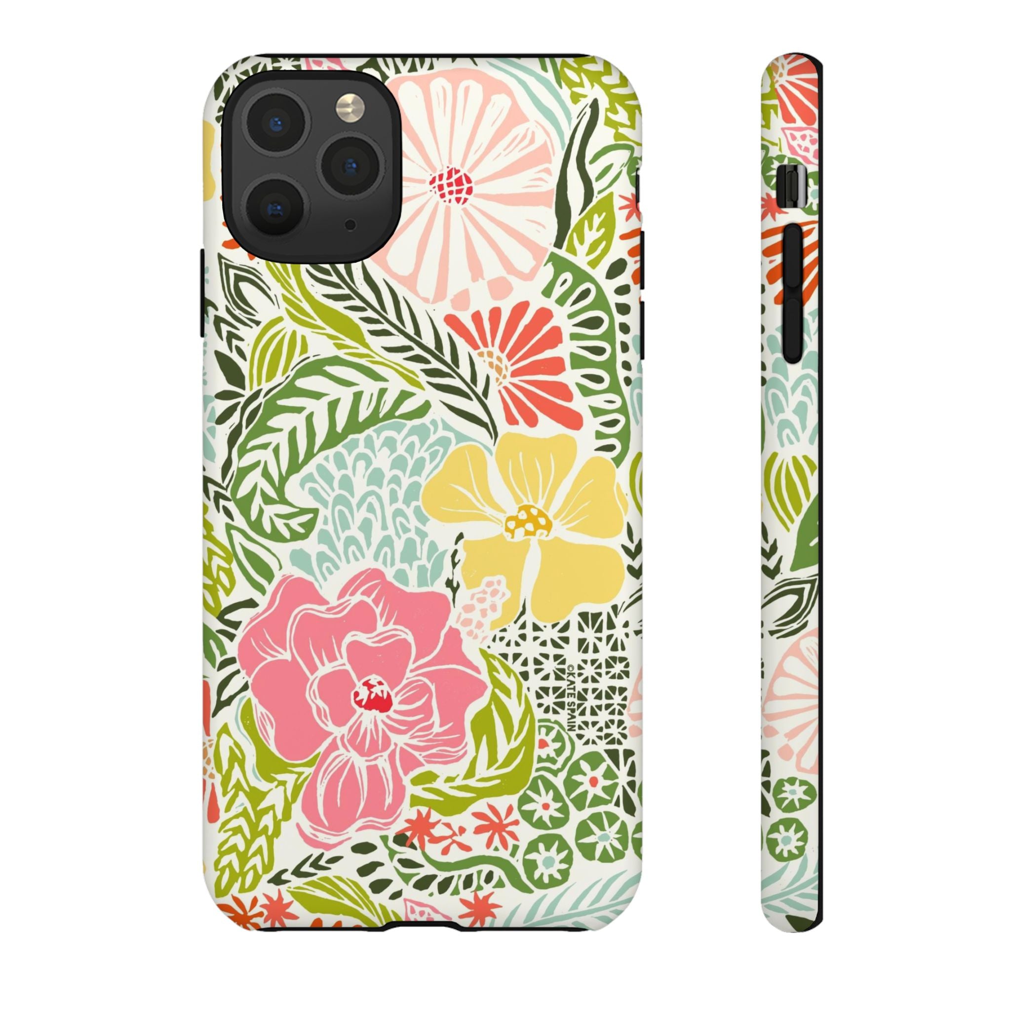 Tropica Tough iPhone 11 Pro Max Case – Matte | cream, pink, yellow, blue botanical floral print