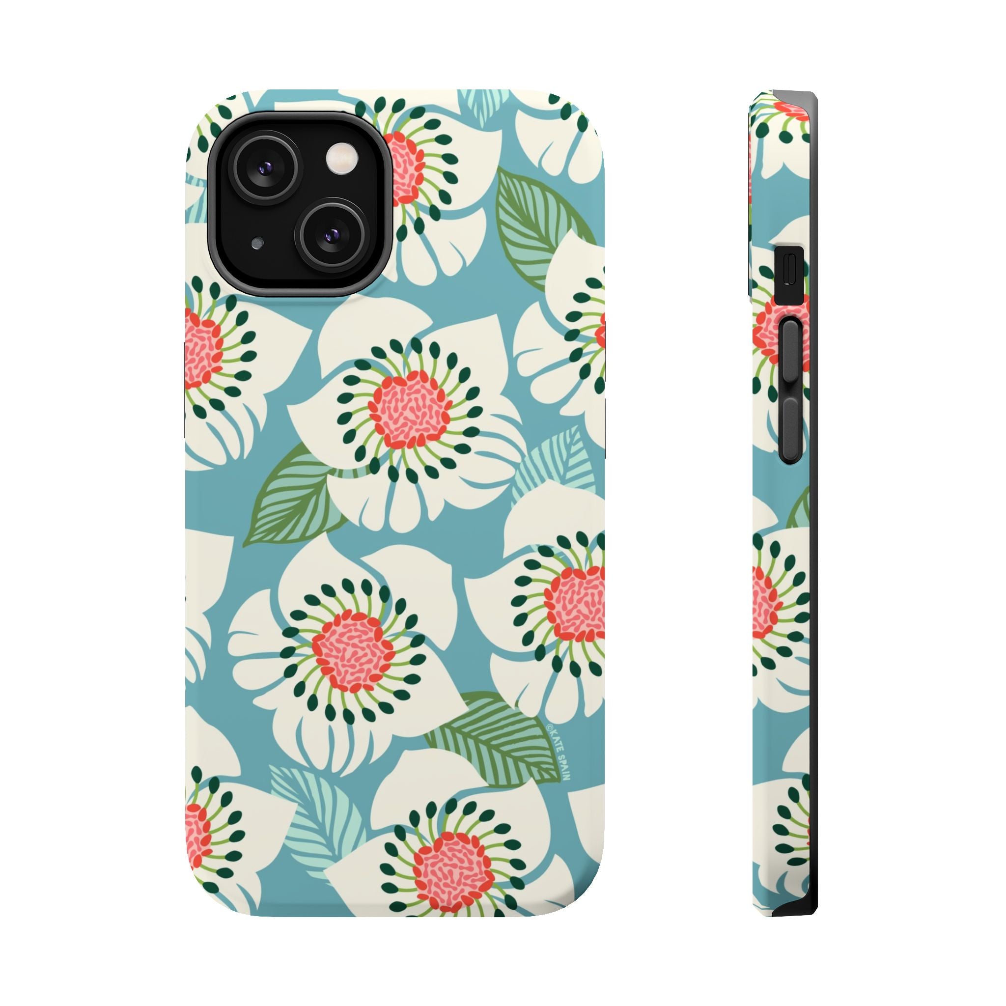 Panache Floral MagSafe iPhone 14 Case – Matte | sky blue, pale cream, pink anemone floral print