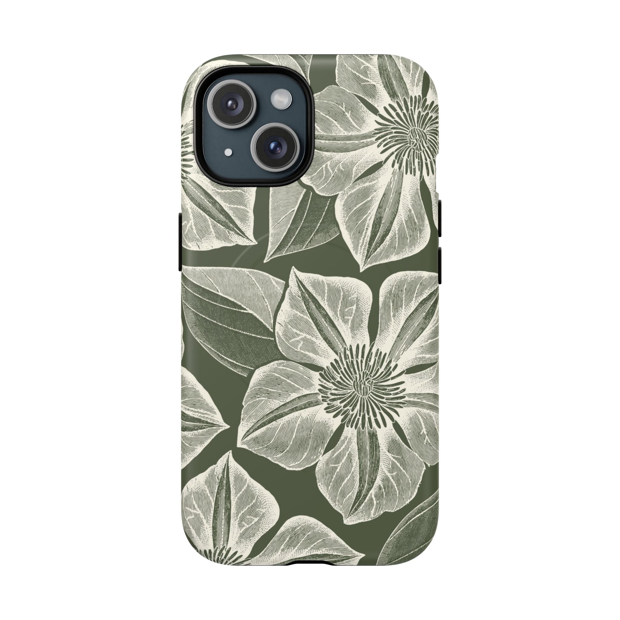 Vintage Bloom Cypress MagSafe iPhone 15 – Matte | cypress green ground, large-scale white clematis print, engraved petal detail, dual-layer protection